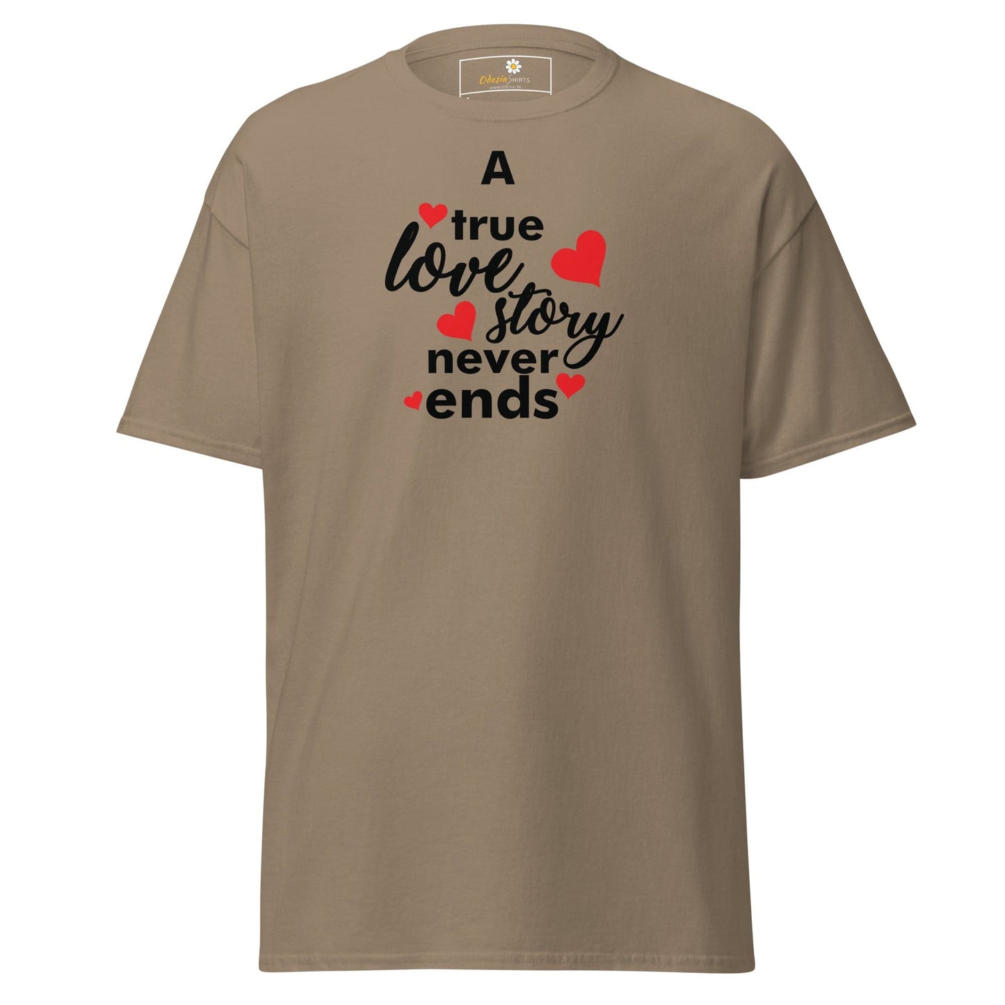 Khaki T-shirt with love story graphic for men and women in size S to XL