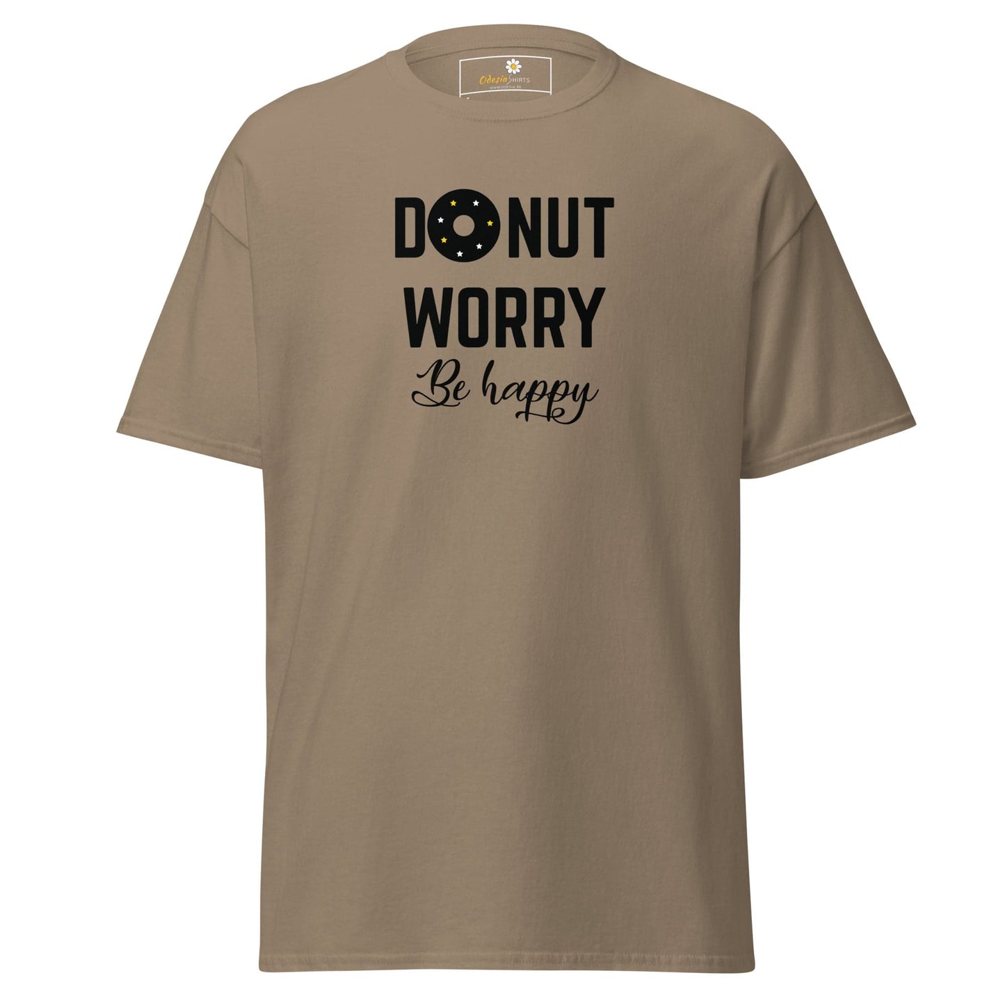 Khaki T-shirt with Donut Worry Be Happy text for Man and Woman sizes S to XL