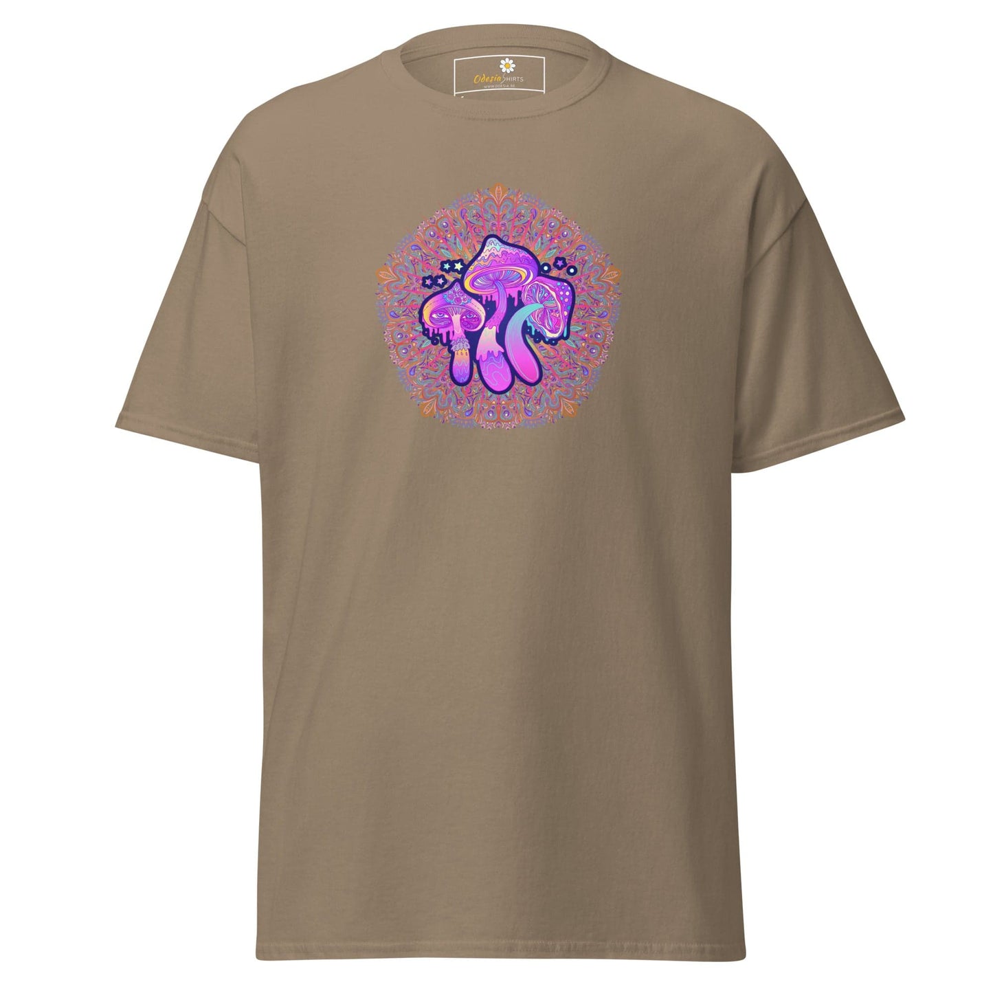Khaki T-Shirt with Mushroom Design for Men and Women, Available in Sizes S to XL