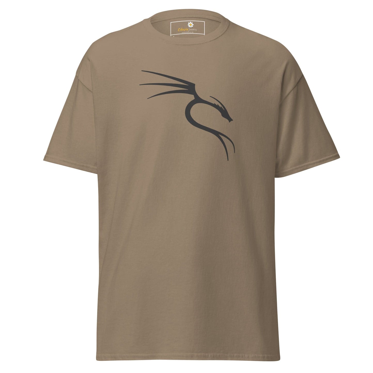 Khaki T-shirt with dragon design for men and women, available in sizes S to XL