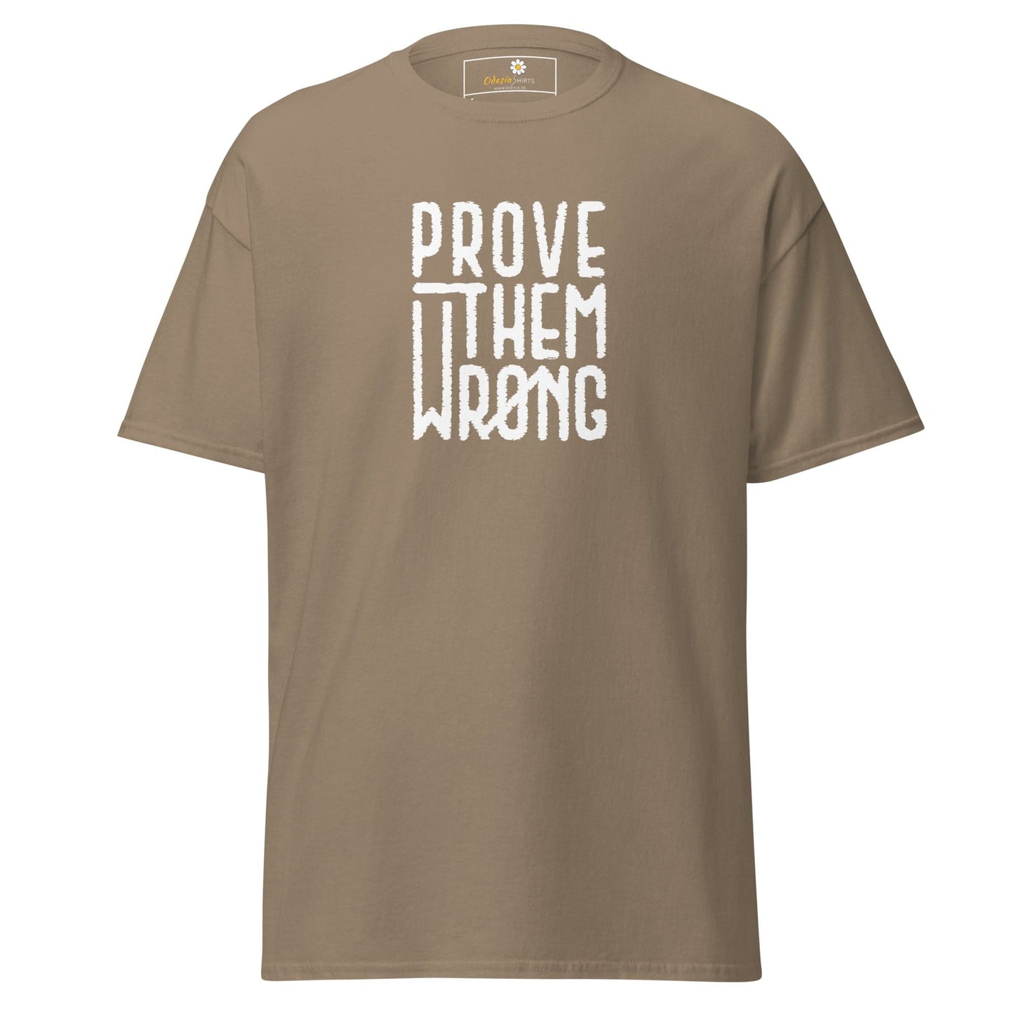 Khaki T-shirt with white text for Men and Women in sizes S to XL