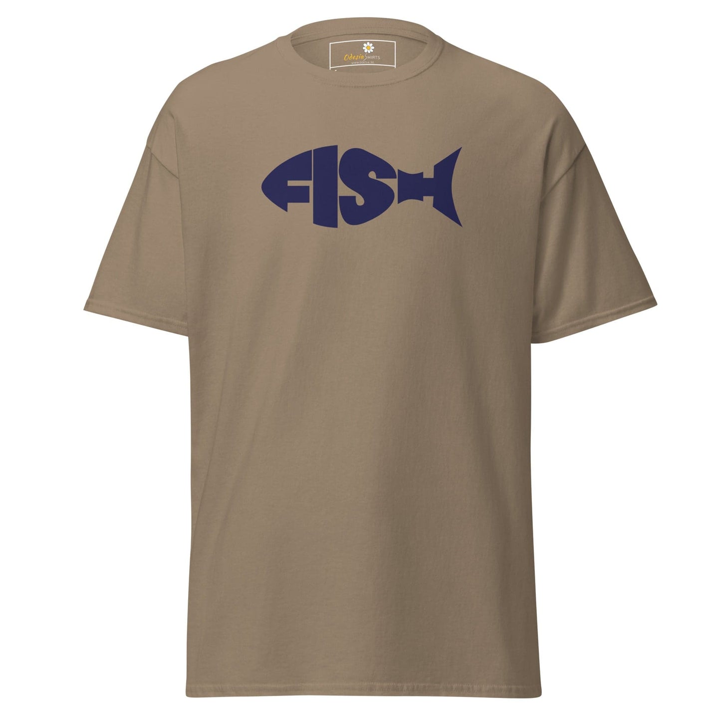Khaki T-shirt featuring FISH design for men and women, available in Small to XL sizes