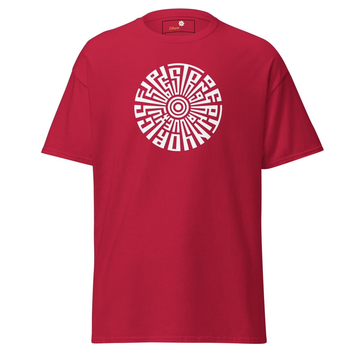 Red T-Shirt with Circular White Design from T-SHIRT DESIGN TEE for Men and Women