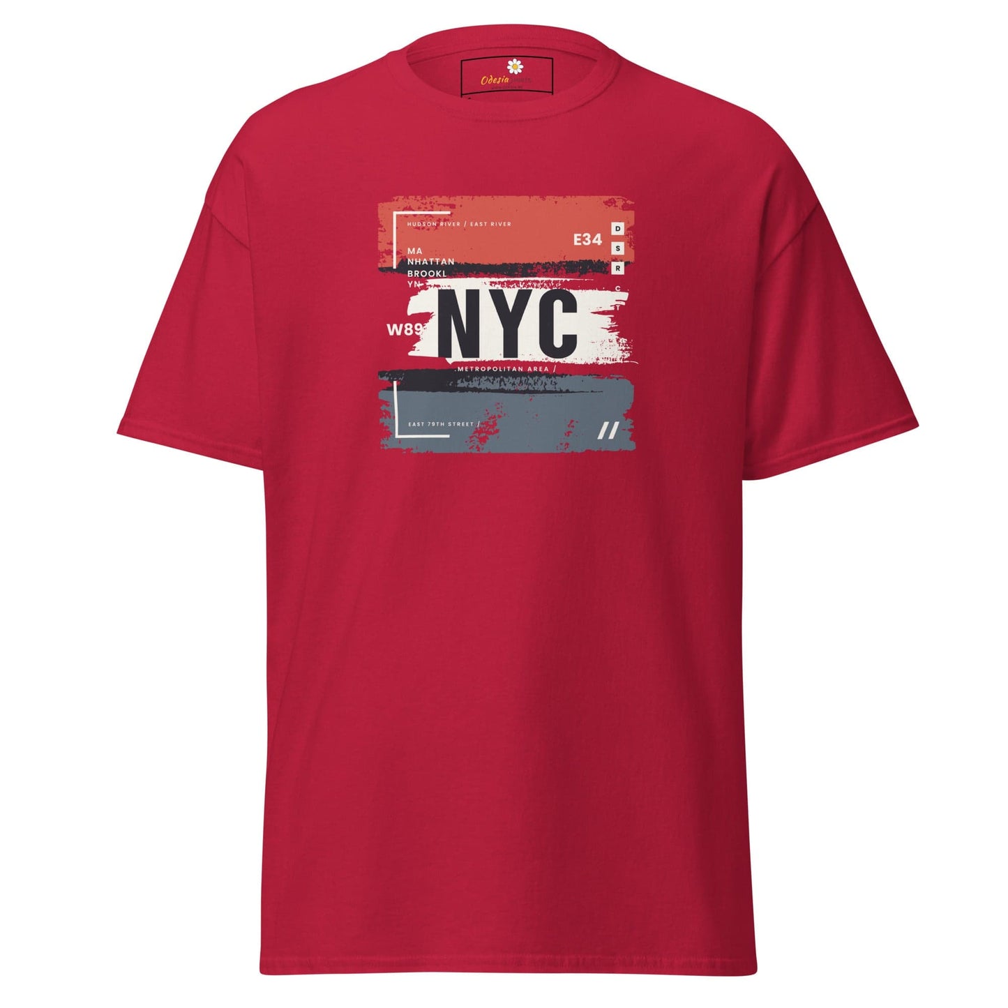 Red T-shirt featuring NYC graphic, suitable for men and women, available in sizes S to XL