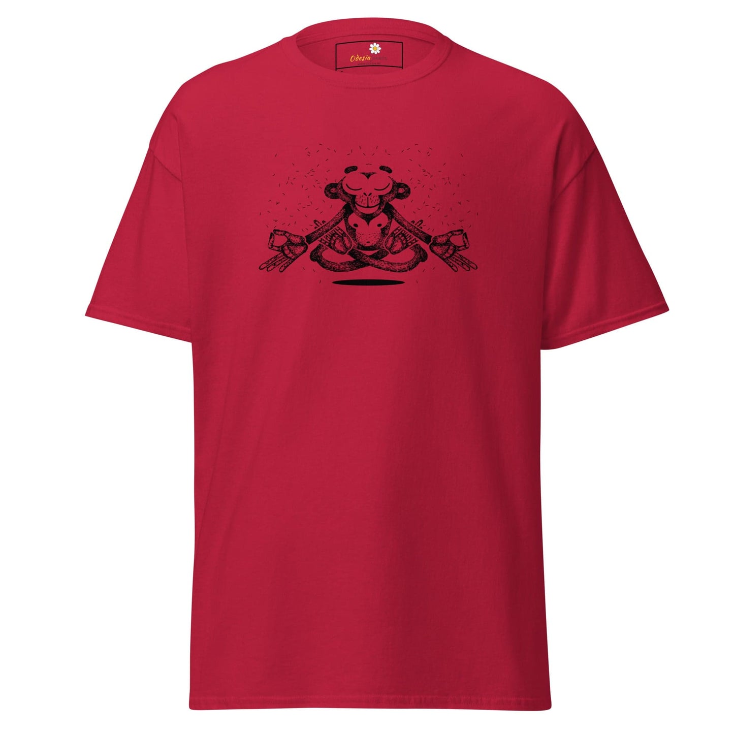 Red T-shirt with a black graphic design for men and women available in sizes S to XL