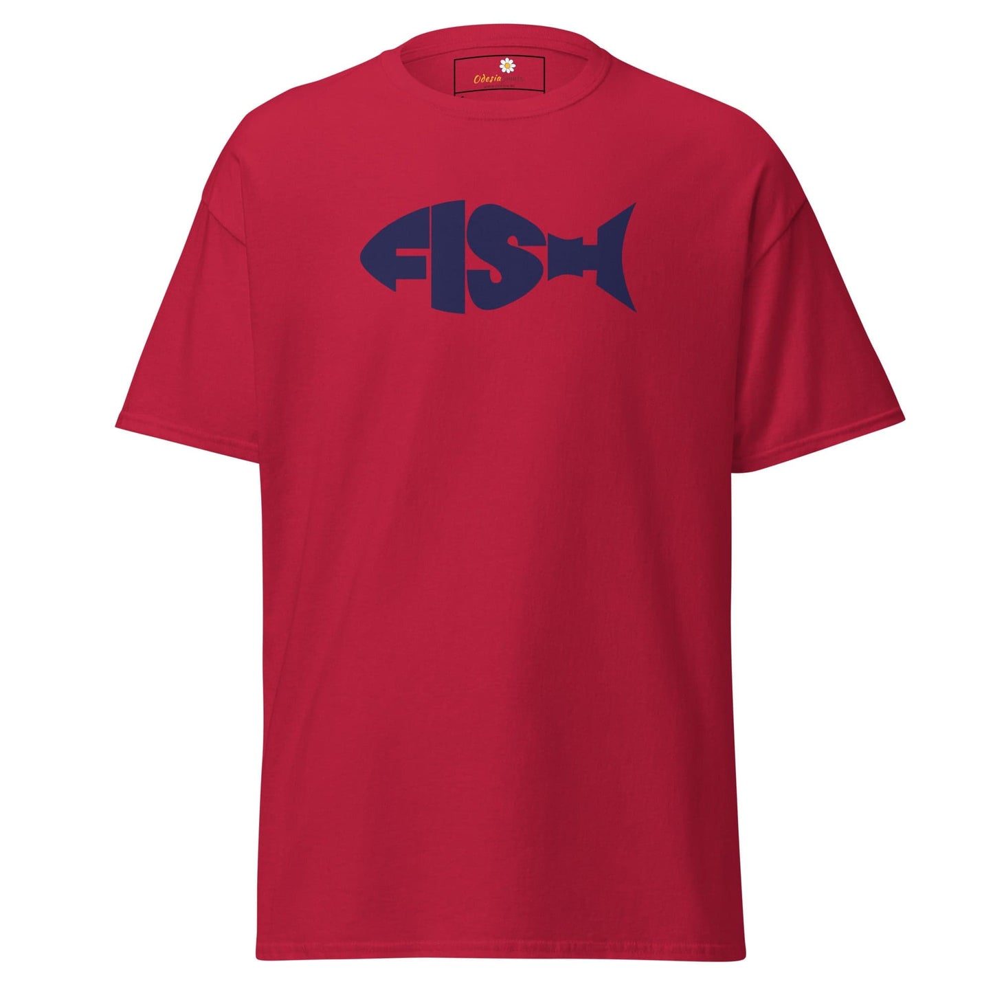 Red T-shirt with a blue fish design for men and women in sizes S to XL