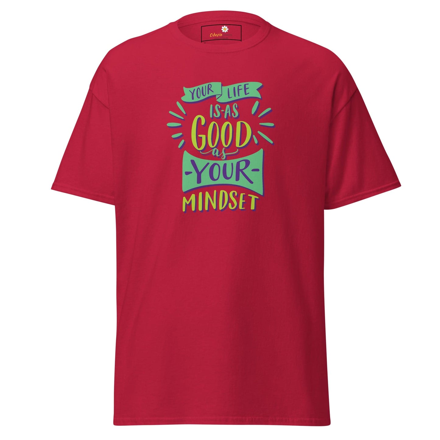 Red T-shirt with colorful text design for Men and Women sizing S to XL