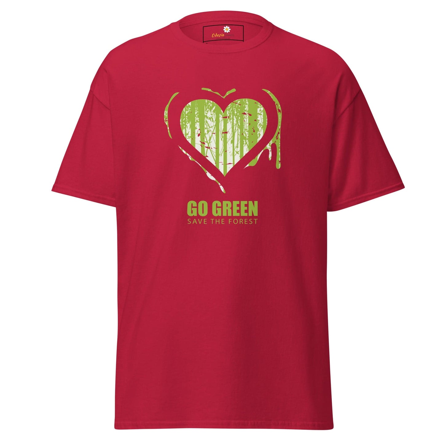 Red T-shirt with a heart-shaped forest graphic for men and women in sizes S to XL