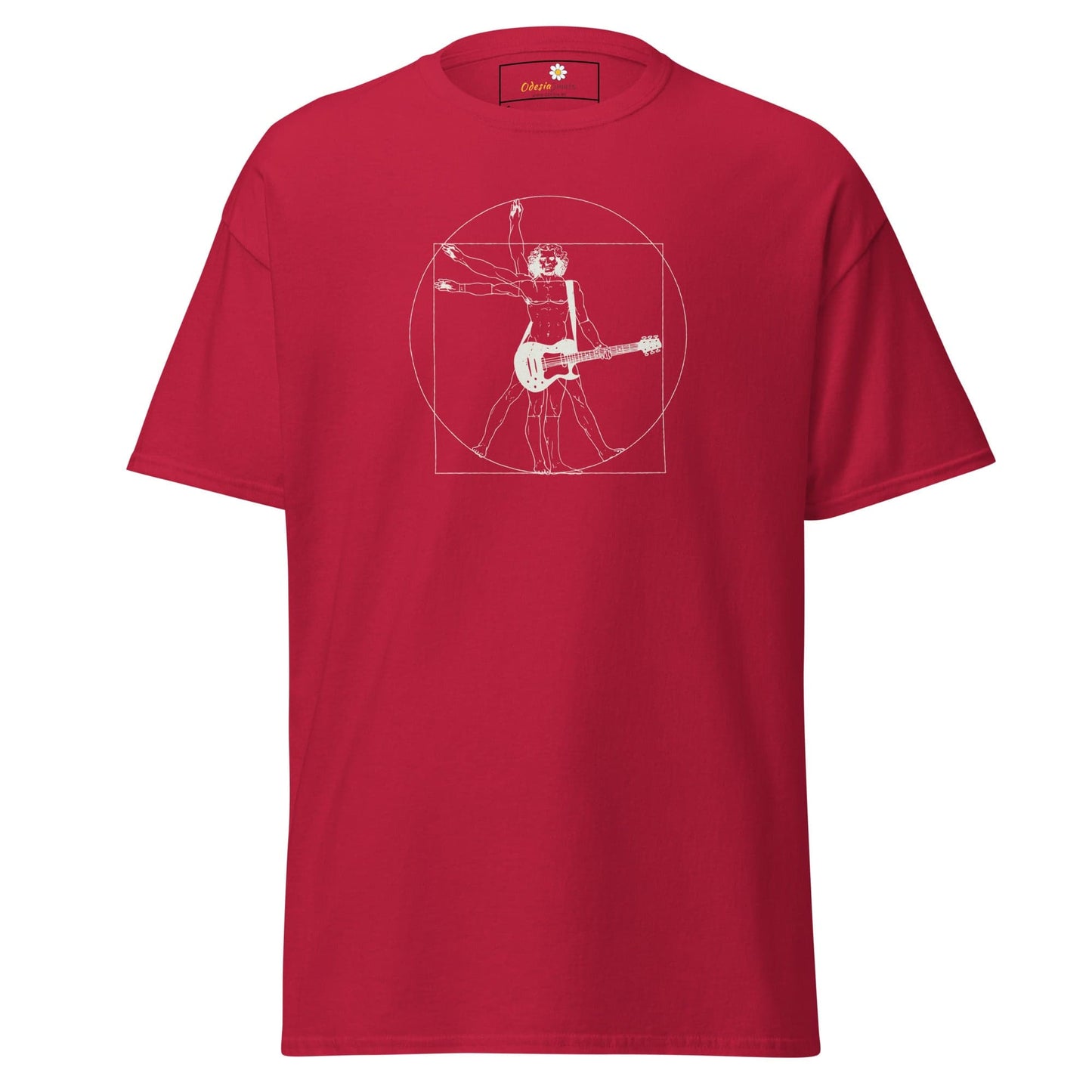 Red T-shirt with guitar player graphic inside circle and square for Men and Women
