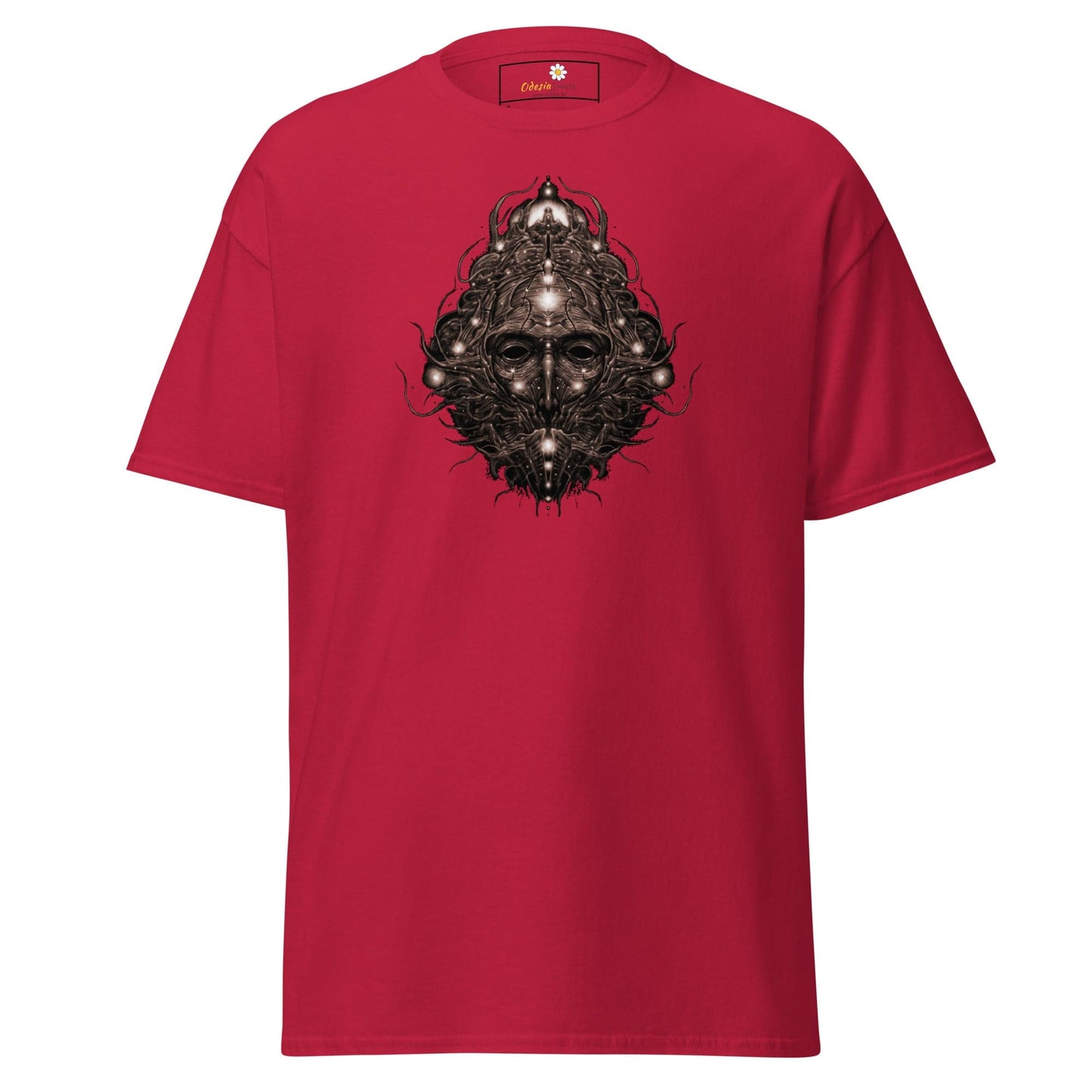 Red T-shirt with face graphic displayed in T-SHIRT DESIGN TEE for Men and Women sizes S to XL