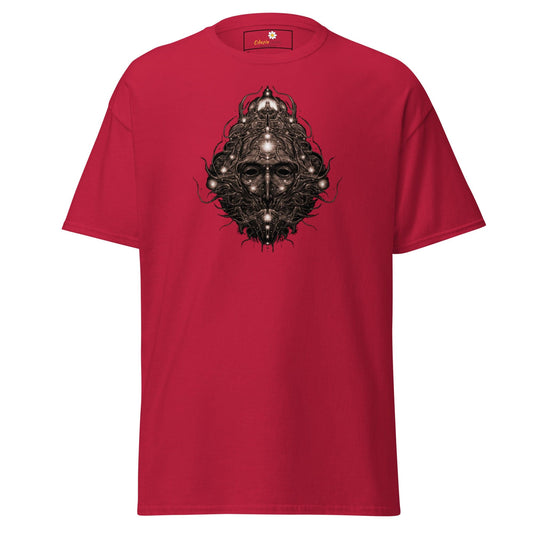 Red T-shirt with face graphic displayed in T-SHIRT DESIGN TEE for Men and Women sizes S to XL