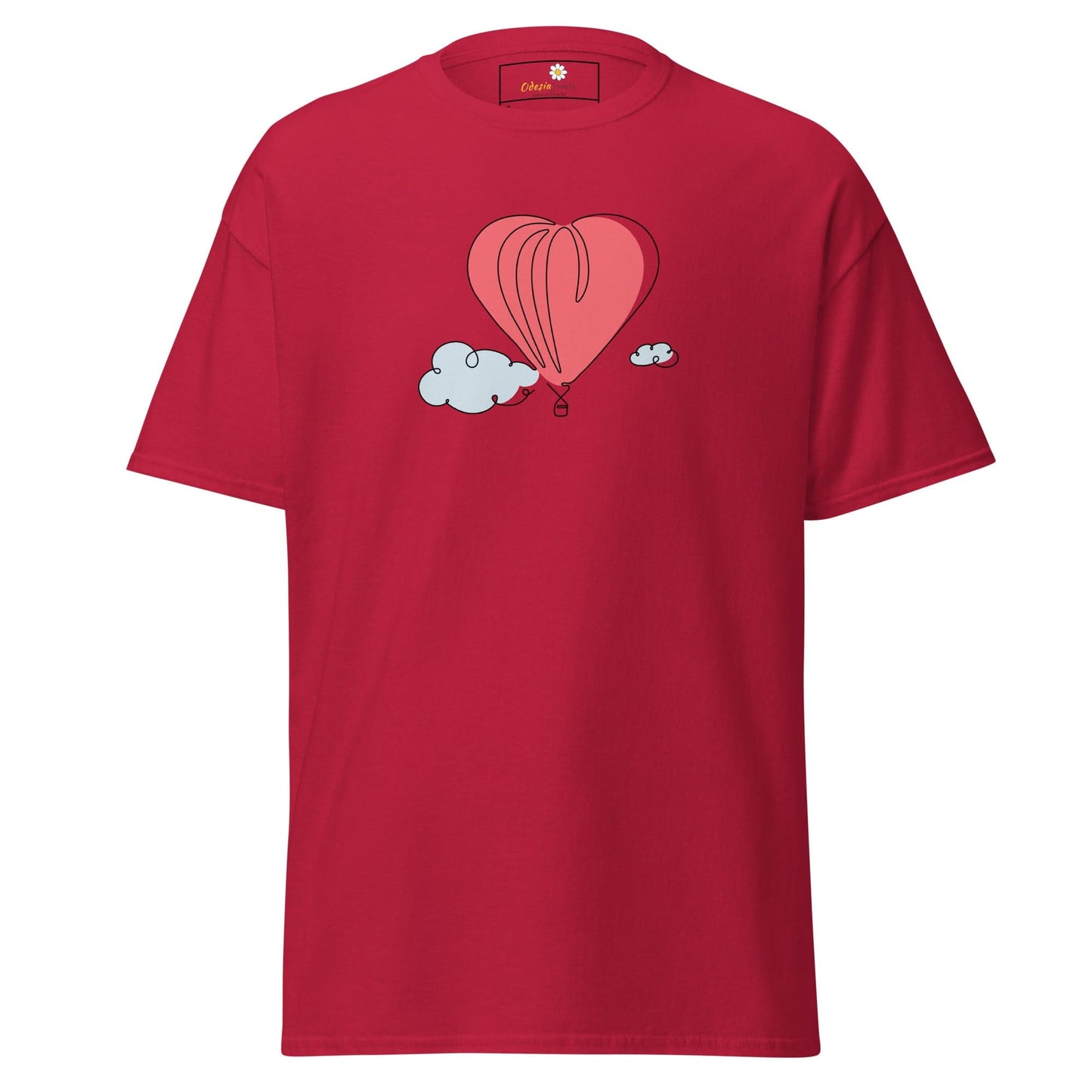 Red t-shirt with heart balloon graphic for men and women in sizes S to XL