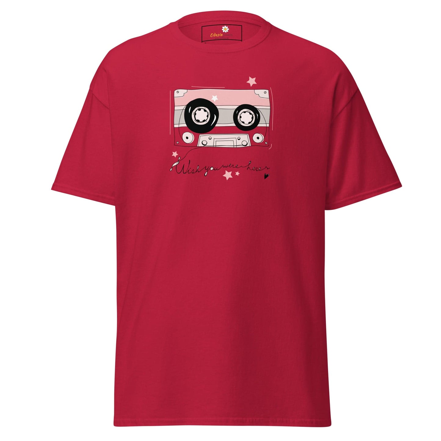 Red T-shirt with cassette tape graphic, suitable for men and women in sizes S to XL