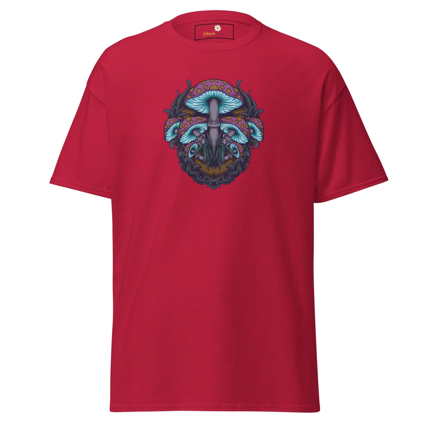 Red T-shirt with mushroom graphic from T-SHIRT DESIGN TEE for men and women range