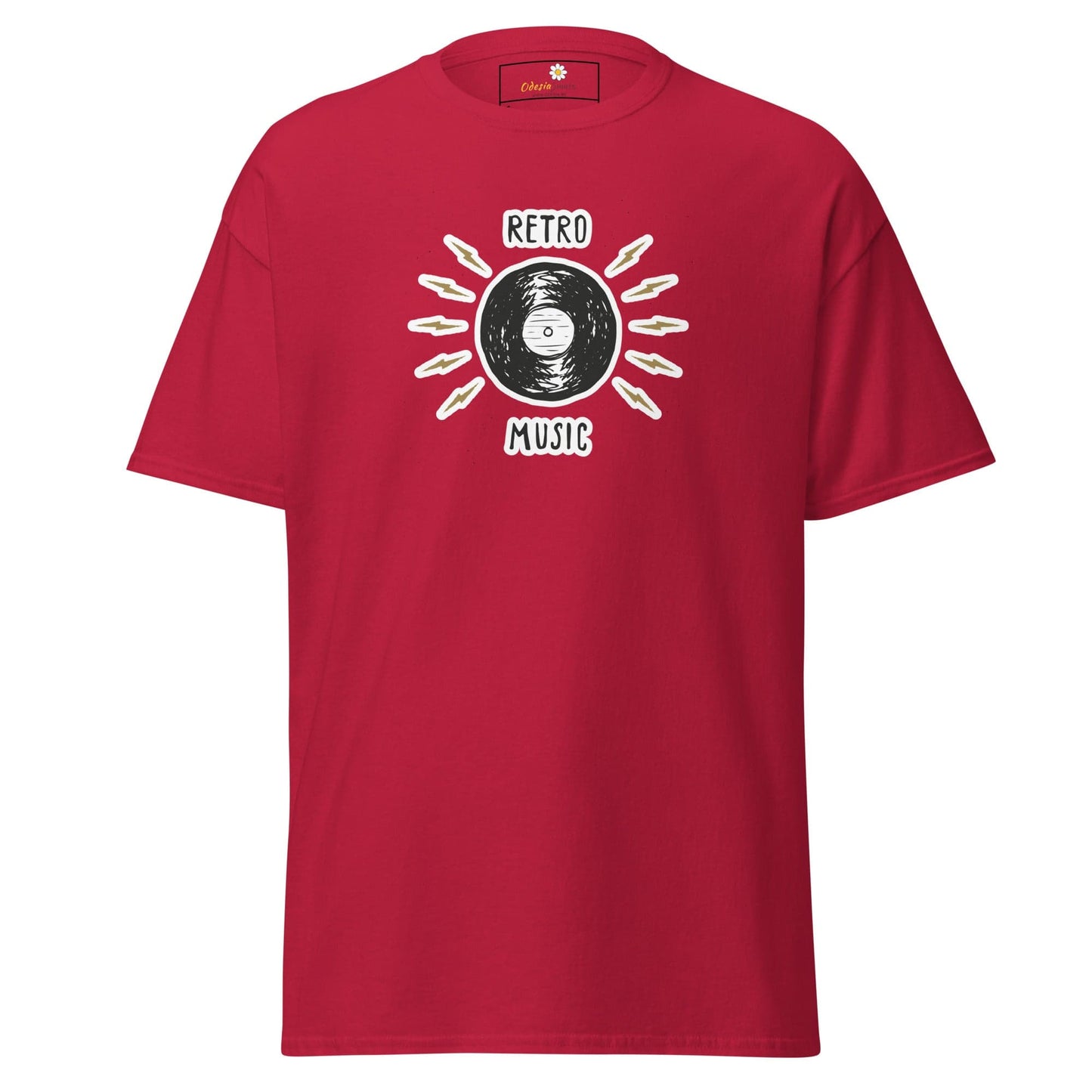 Red T-shirt featuring retro music design for Men and Women in S to XL sizes