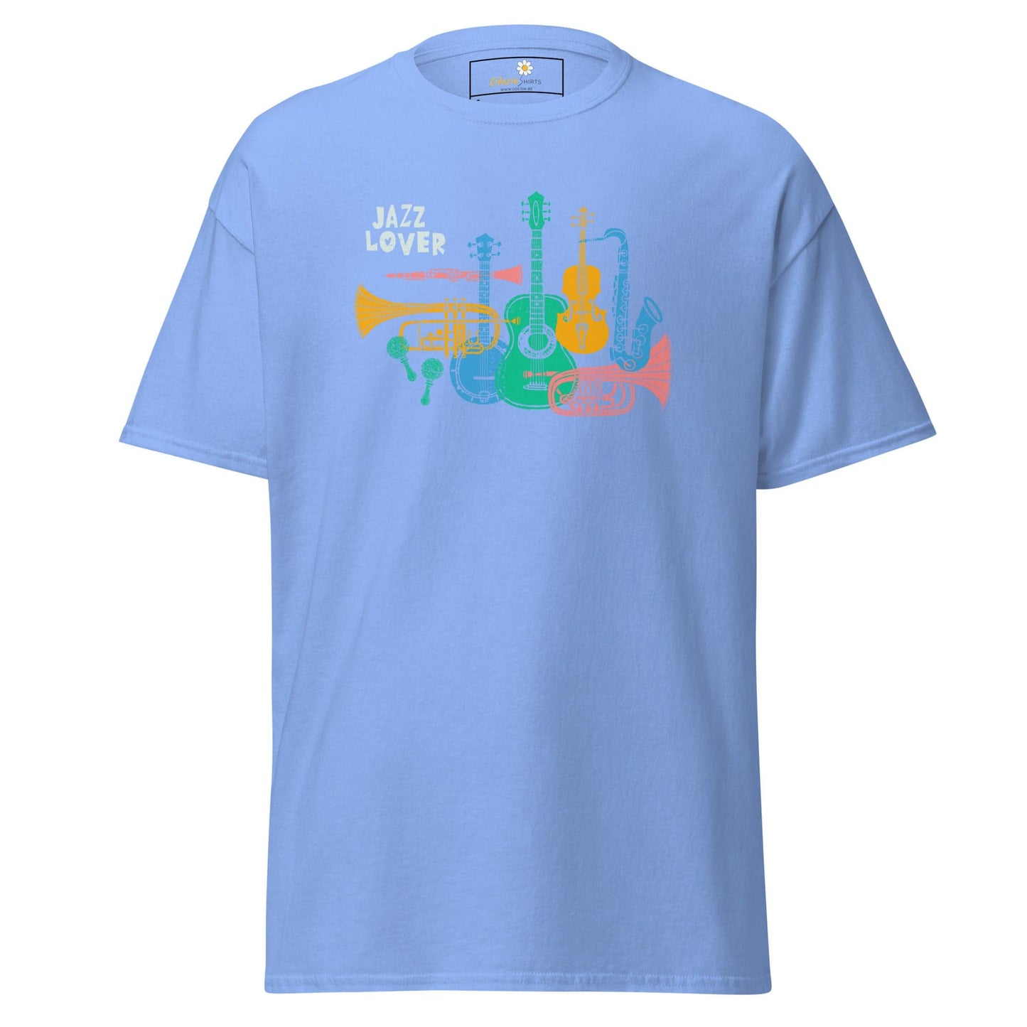 Light blue T-shirt featuring a jazz instrument graphic for men and women sizes S to XL