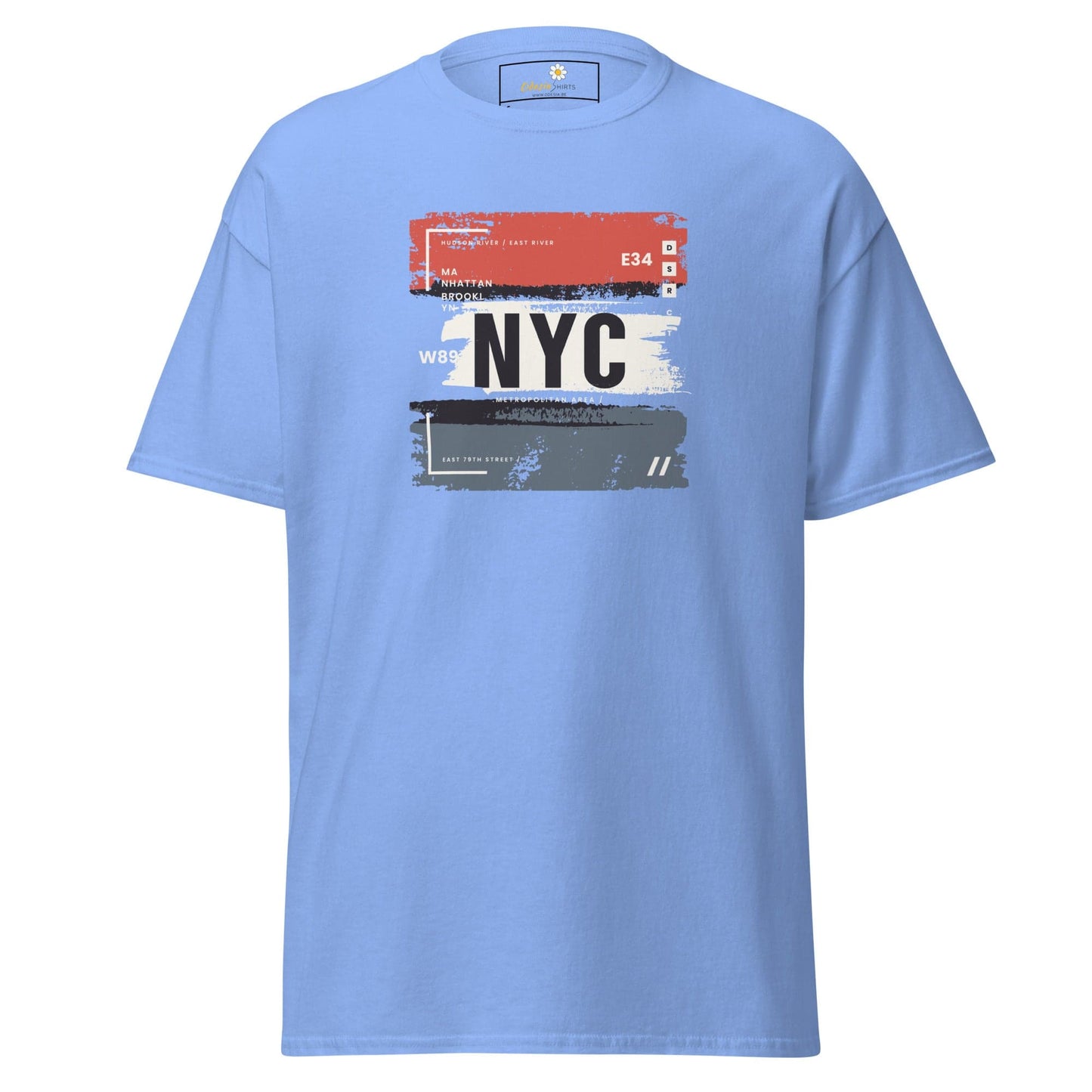 Light blue T-shirt featuring a New York City graphic for men and women, available in sizes S to XL