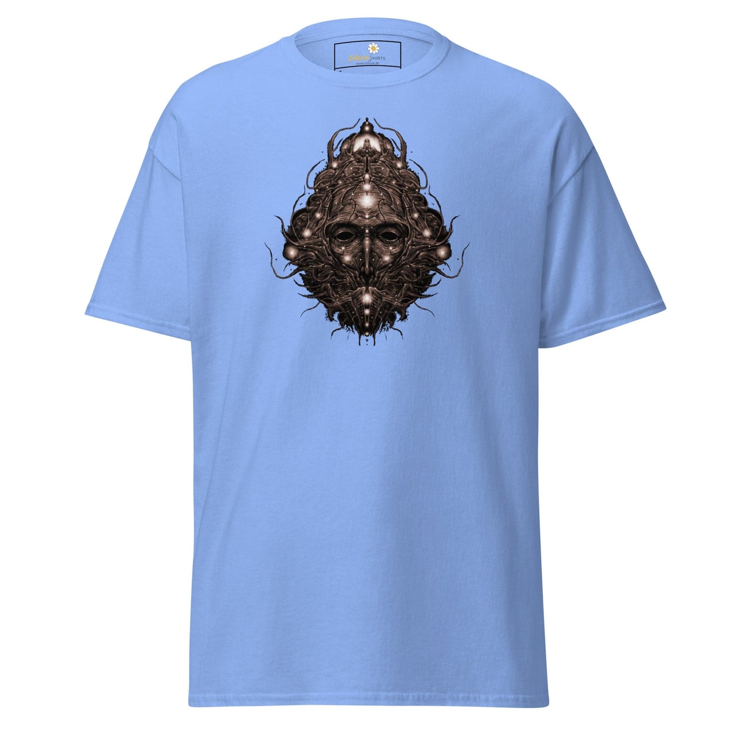 Light blue T-shirt with face graphic for men and women in sizes S to XL