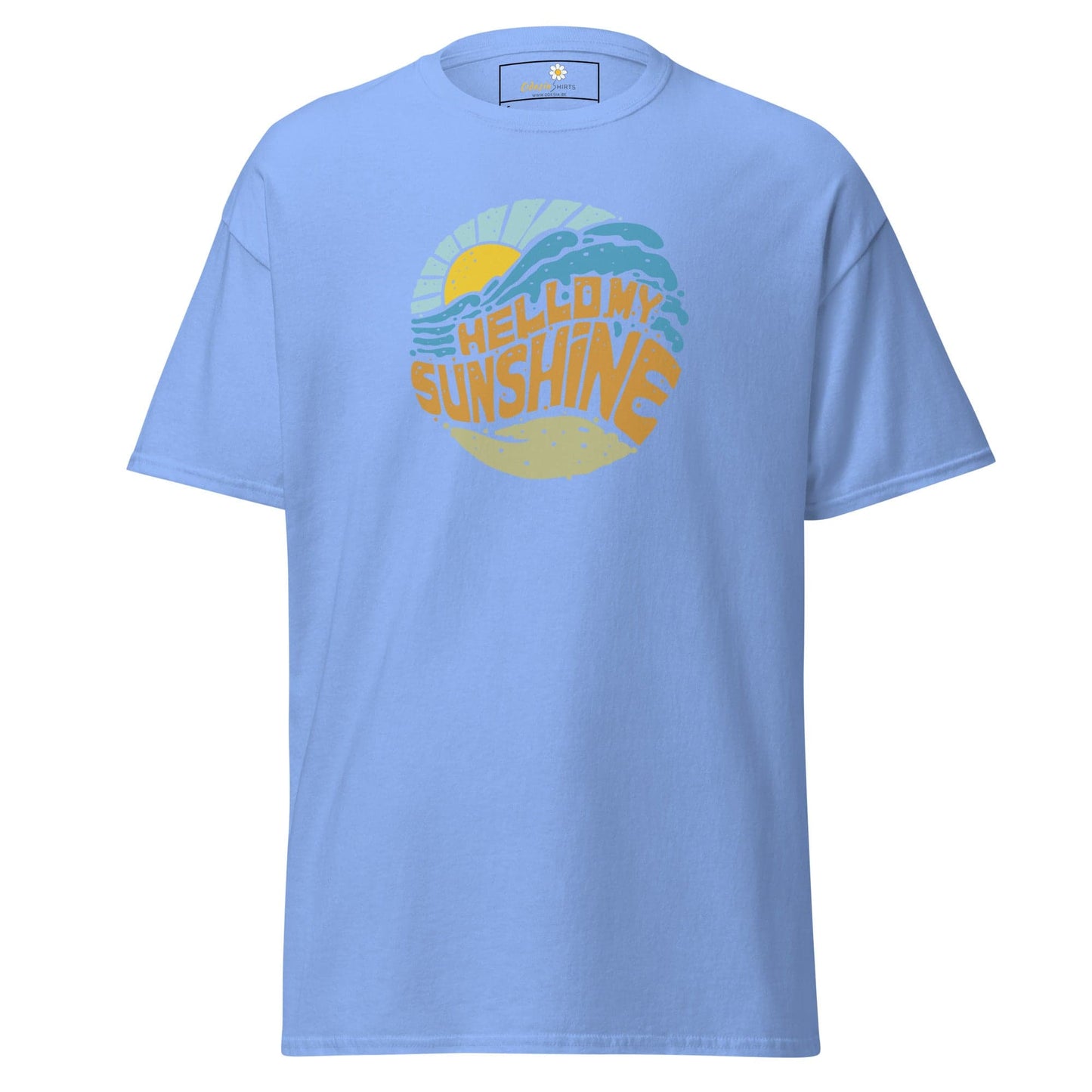 Light blue T-shirt with beach-themed graphic for men and women, available in sizes S to XL