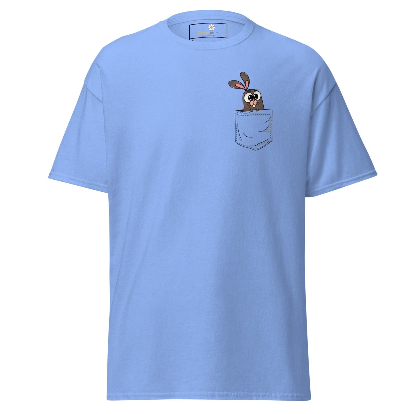 Light blue T-shirt with cartoon bunny in pocket, suitable for men and women S-XL