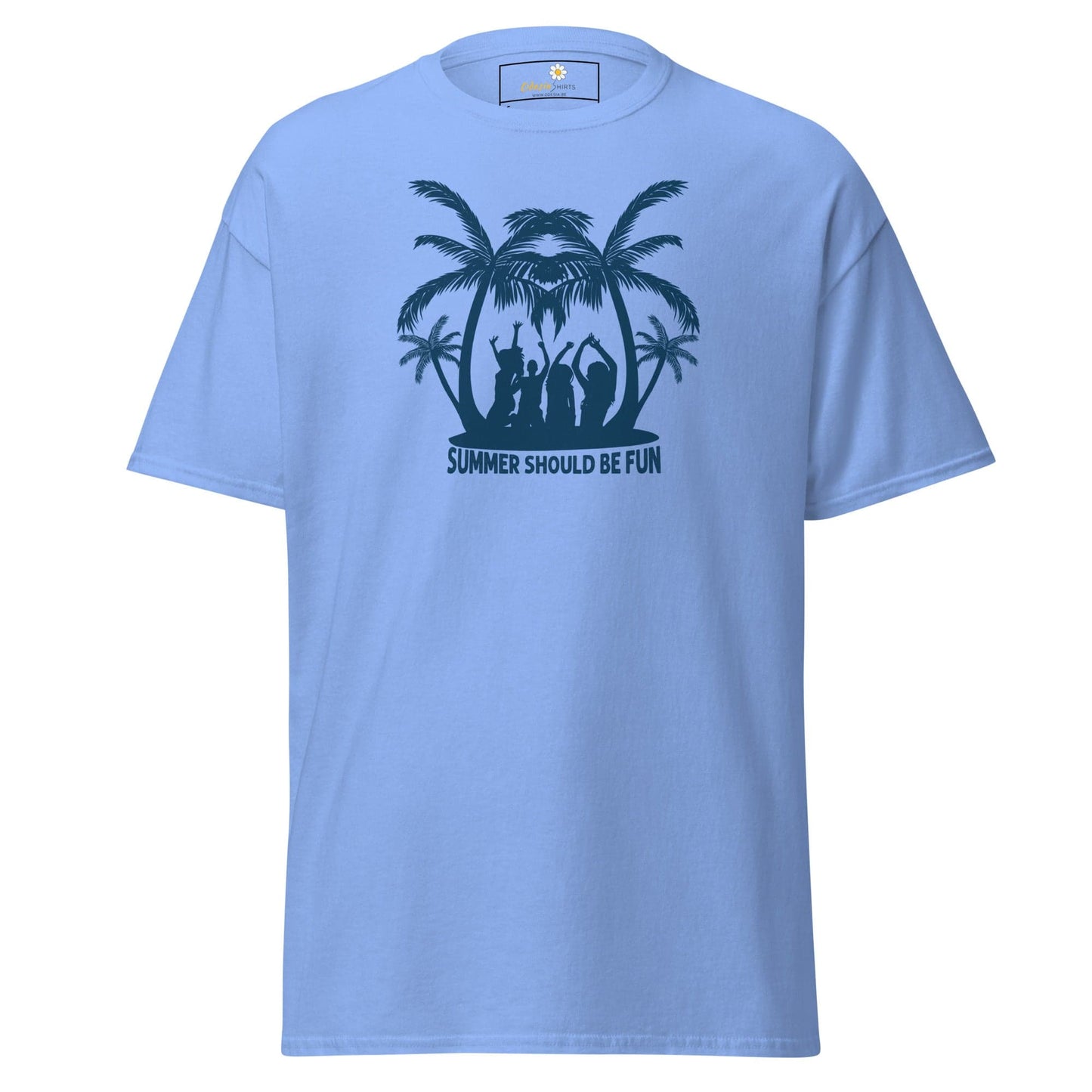 Light blue T-shirt with summer-themed graphic for men and women in sizes S to XL