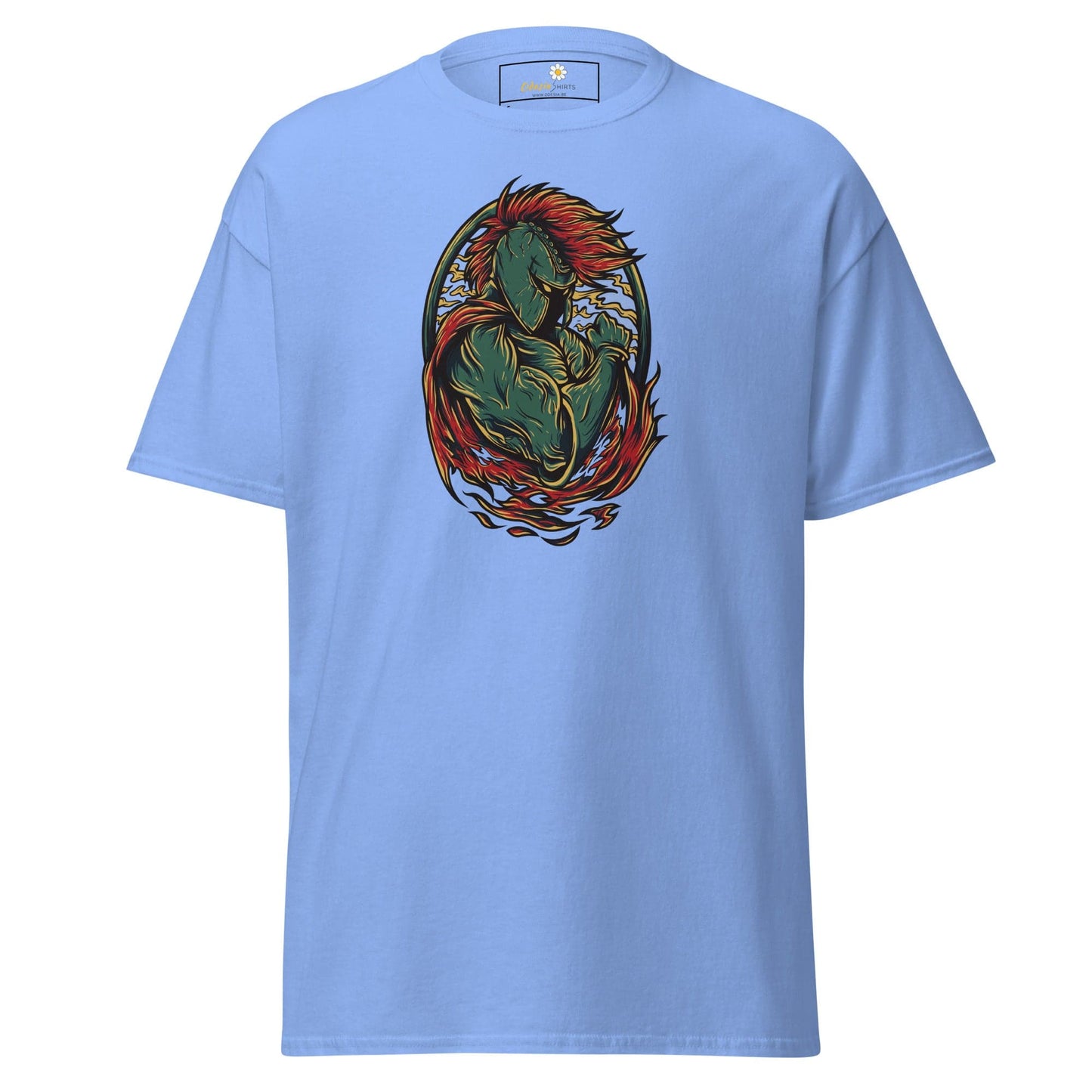Light blue T-shirt with warrior graphic for men and women in sizes S to XL