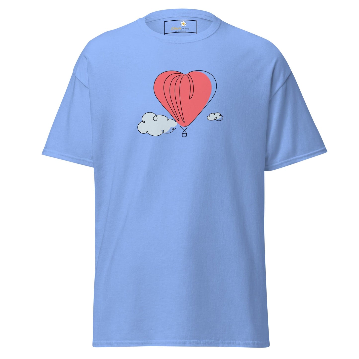Light blue T-shirt for men and women with heart balloon design in S to XL sizes