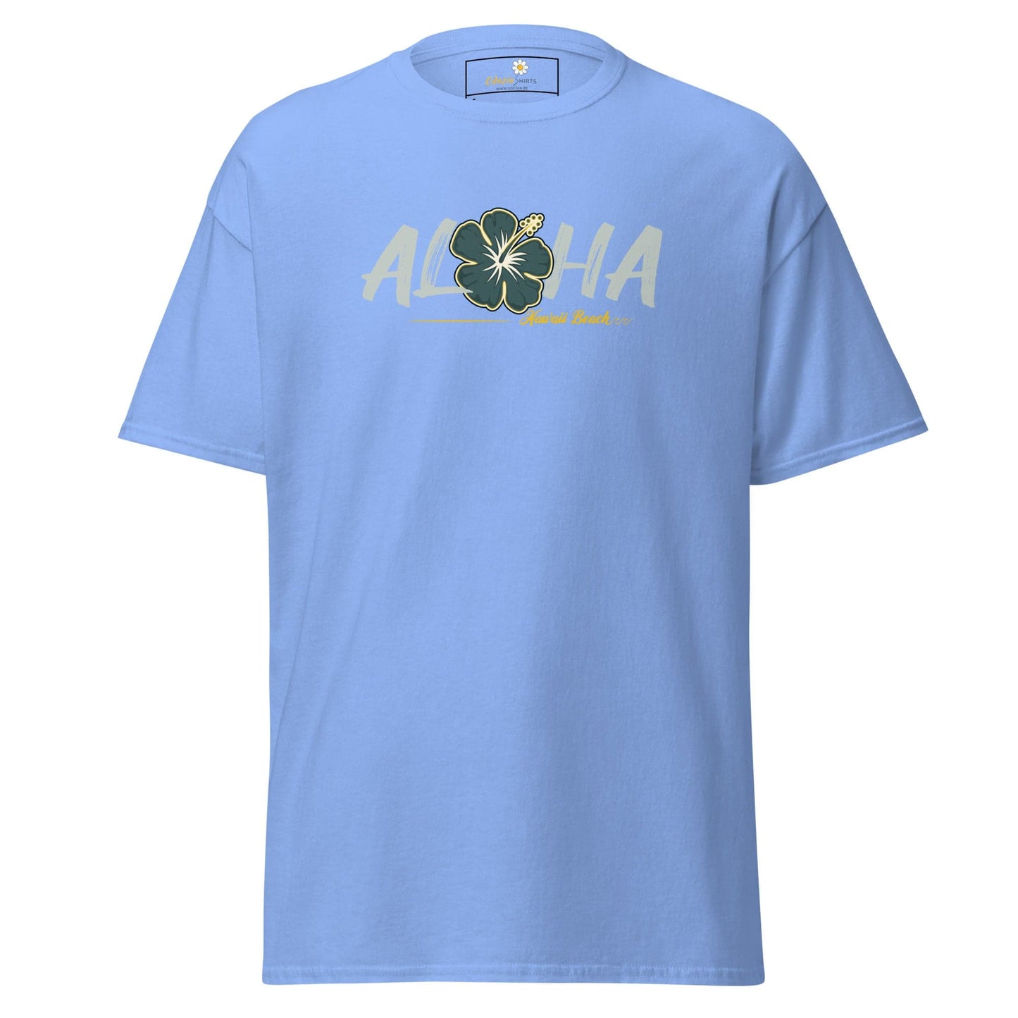 Light blue T-shirt with Aloha graphic, suitable for men and women across S to XL sizes
