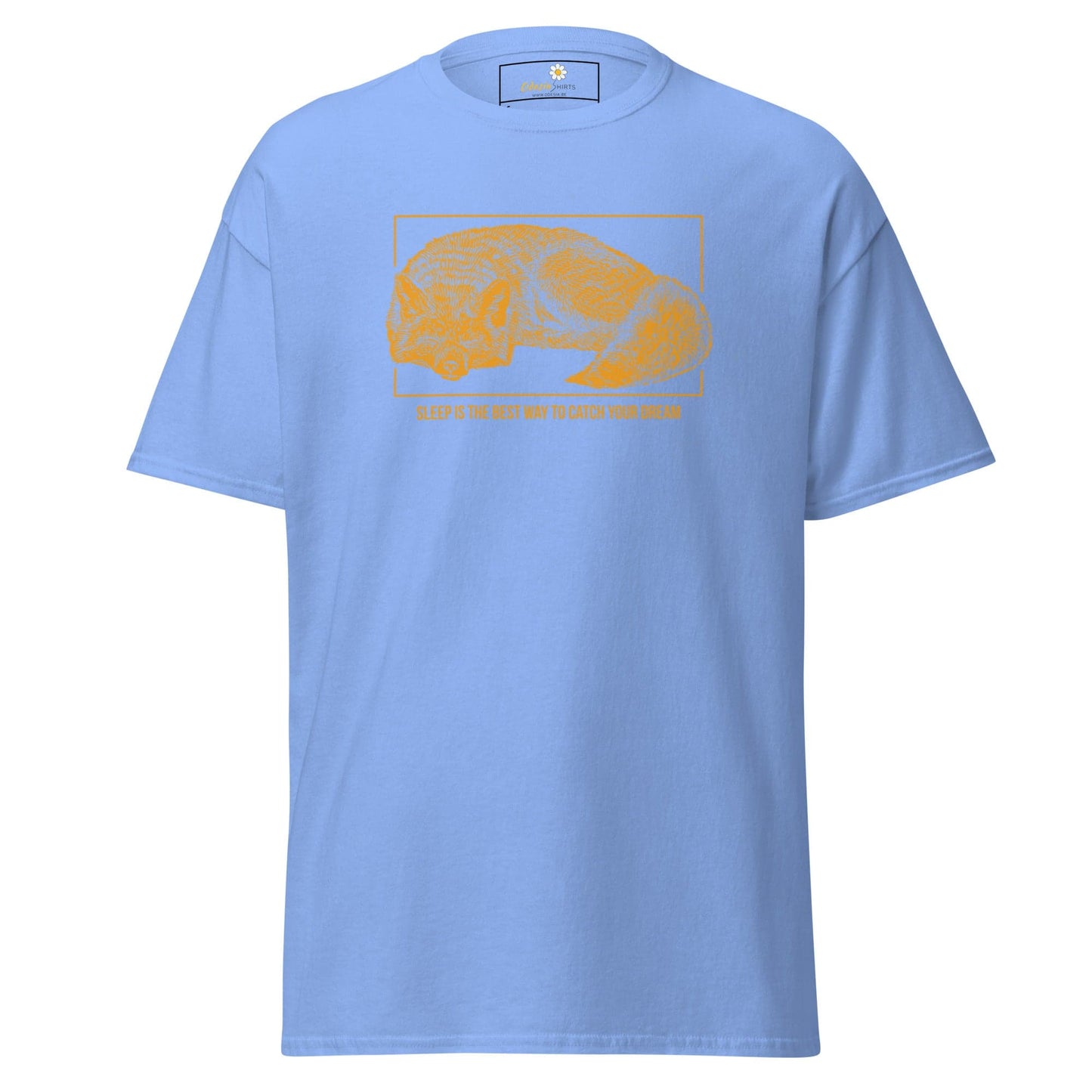 Light blue T-shirt with orange dog graphic for men and women in sizes S to XL