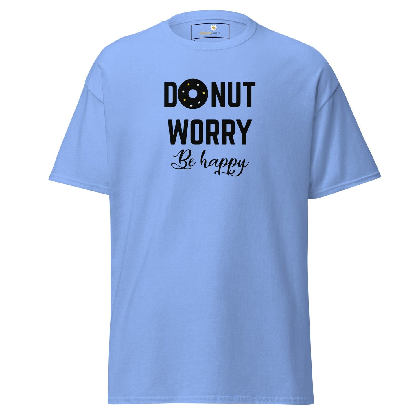 Light blue T-shirt with Donut Worry Be Happy text for Men and Women in sizes S to XL