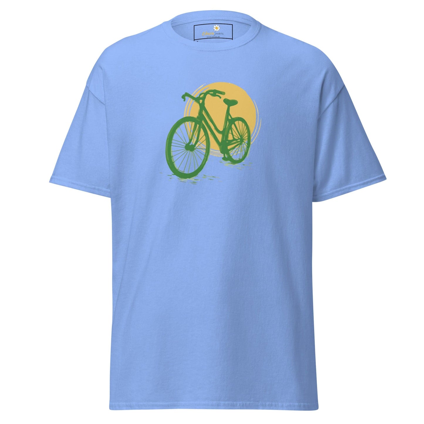Light blue T-shirt featuring a bicycle graphic for men and women in sizes S to XL