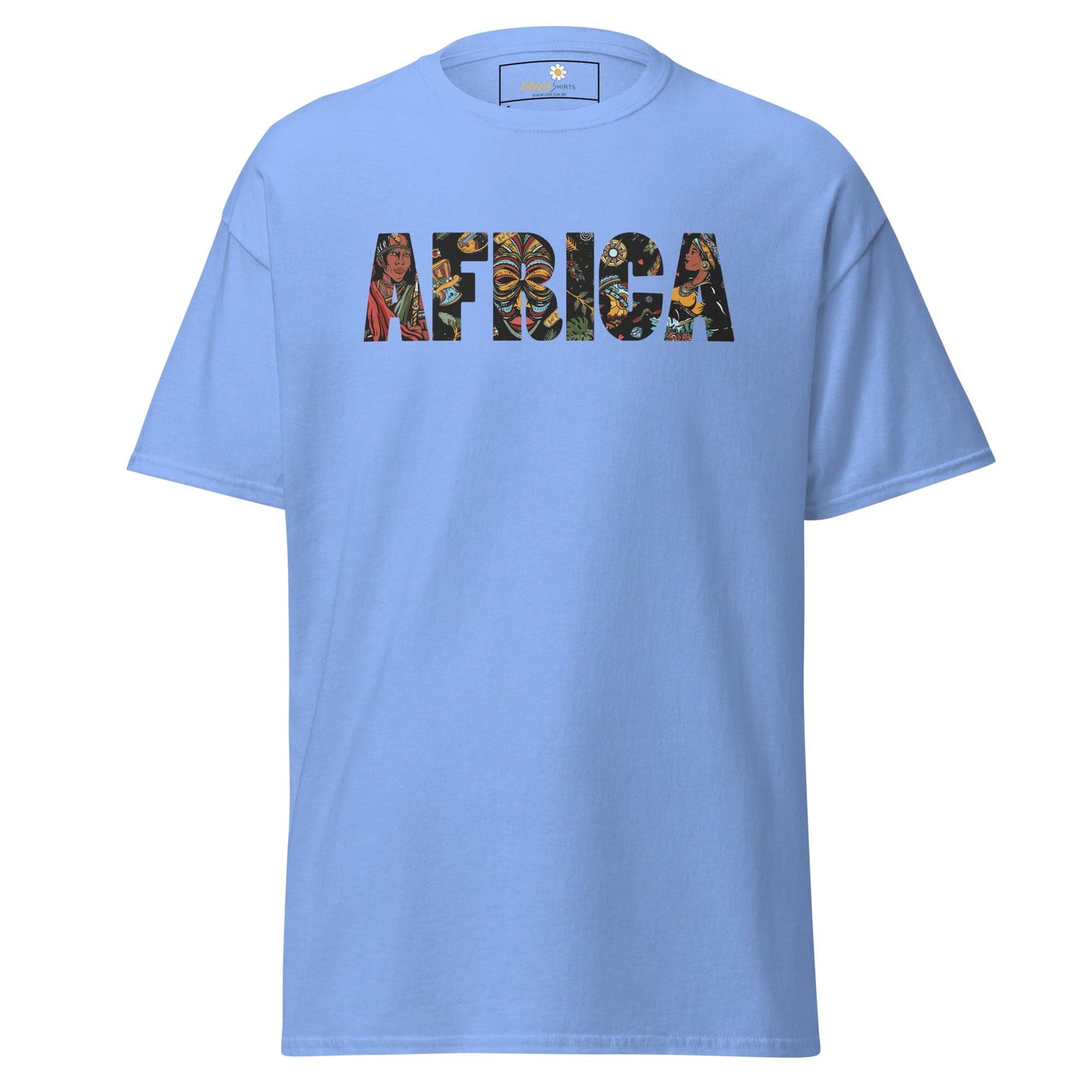 Light blue T-shirt with AFRICA text, available in S to XL sizes for men and women