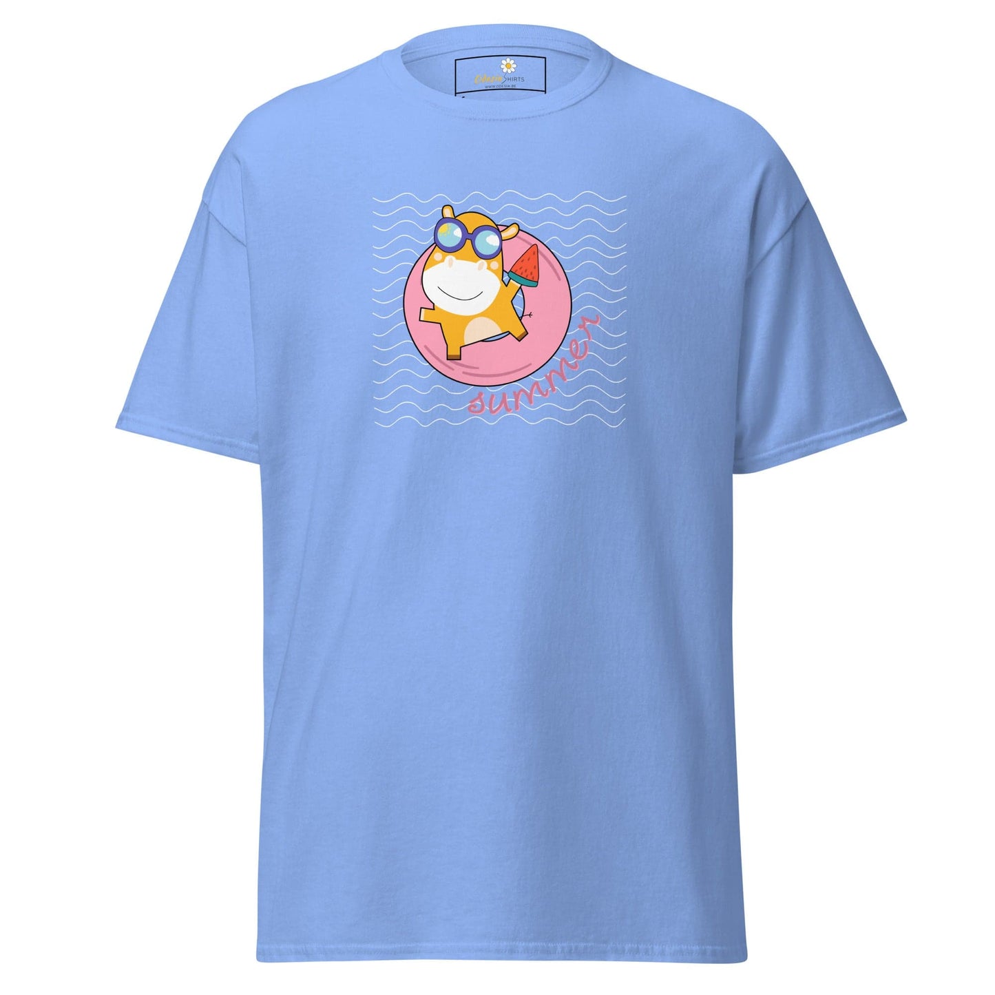 Light blue T-shirt with cartoon graphic, suitable for men and women, available in S to XL
