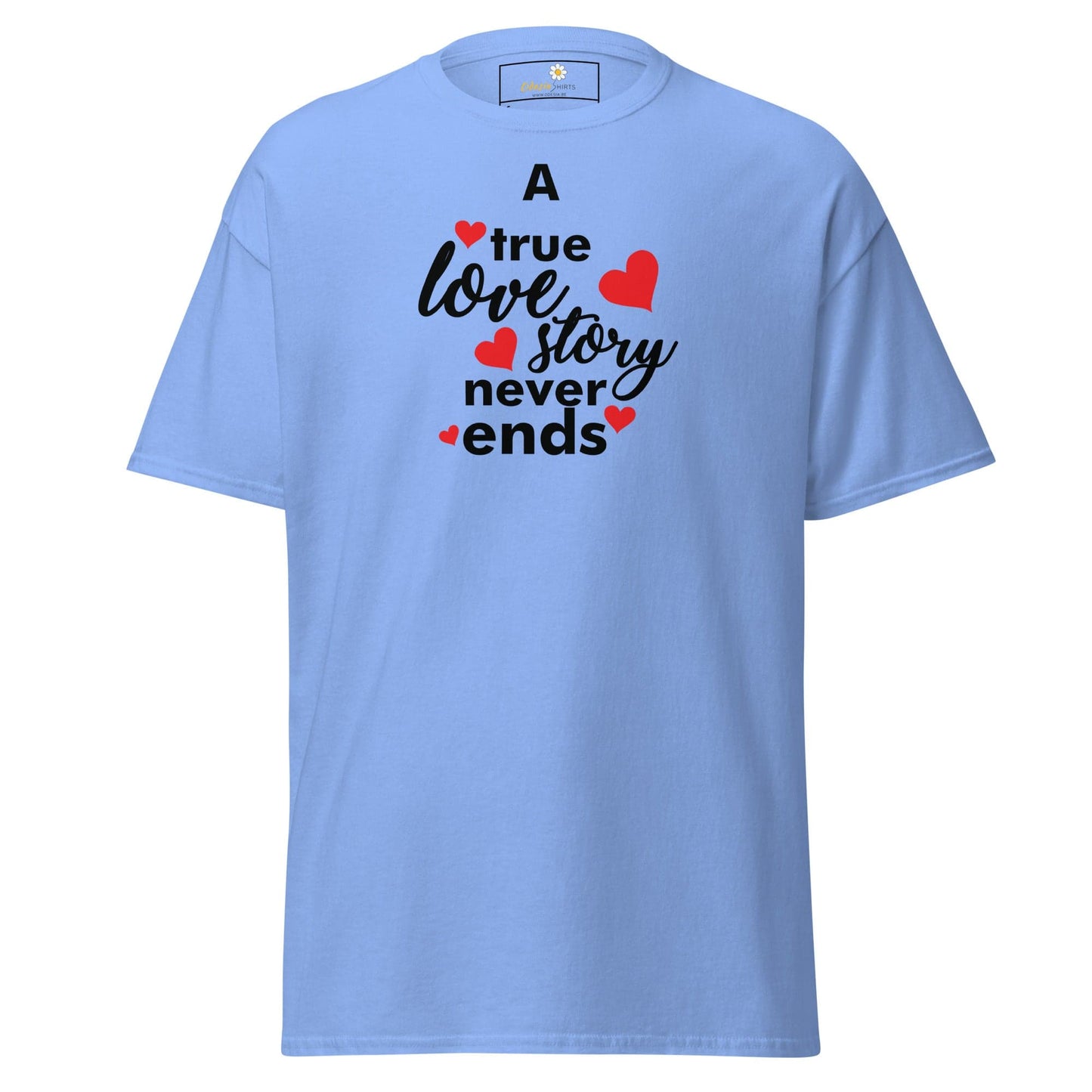 Light blue T-shirt with love-themed graphic from T-SHIRT DESIGN TEE for Men and Women