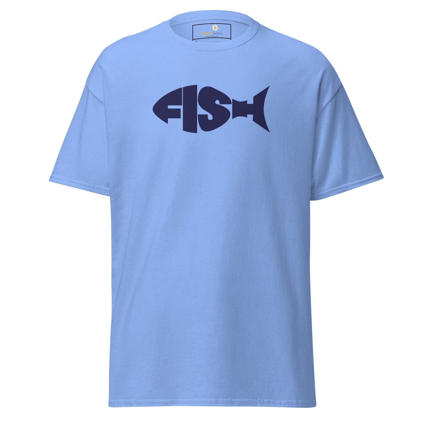 Light blue T-shirt with FISH design, available in S to XL for men and women