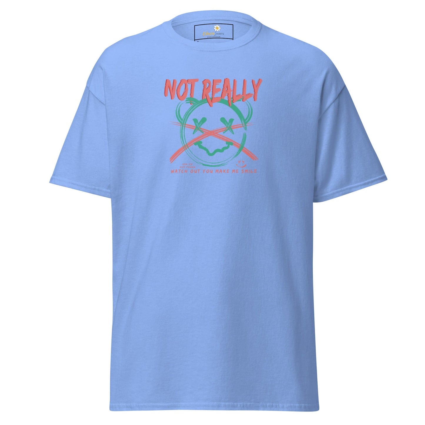 Light blue T-shirt with graphic design, suitable for men and women sizes S to XL