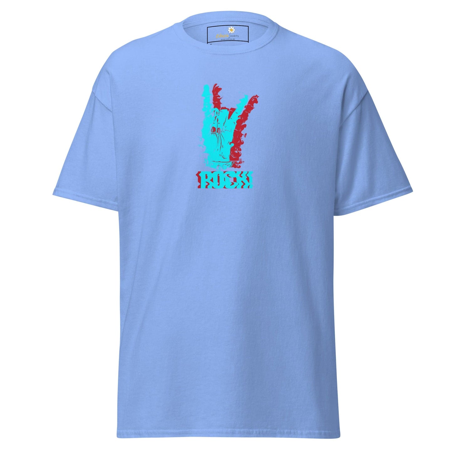 Light blue T-shirt with rock hand graphic, available in S to XL for men and women