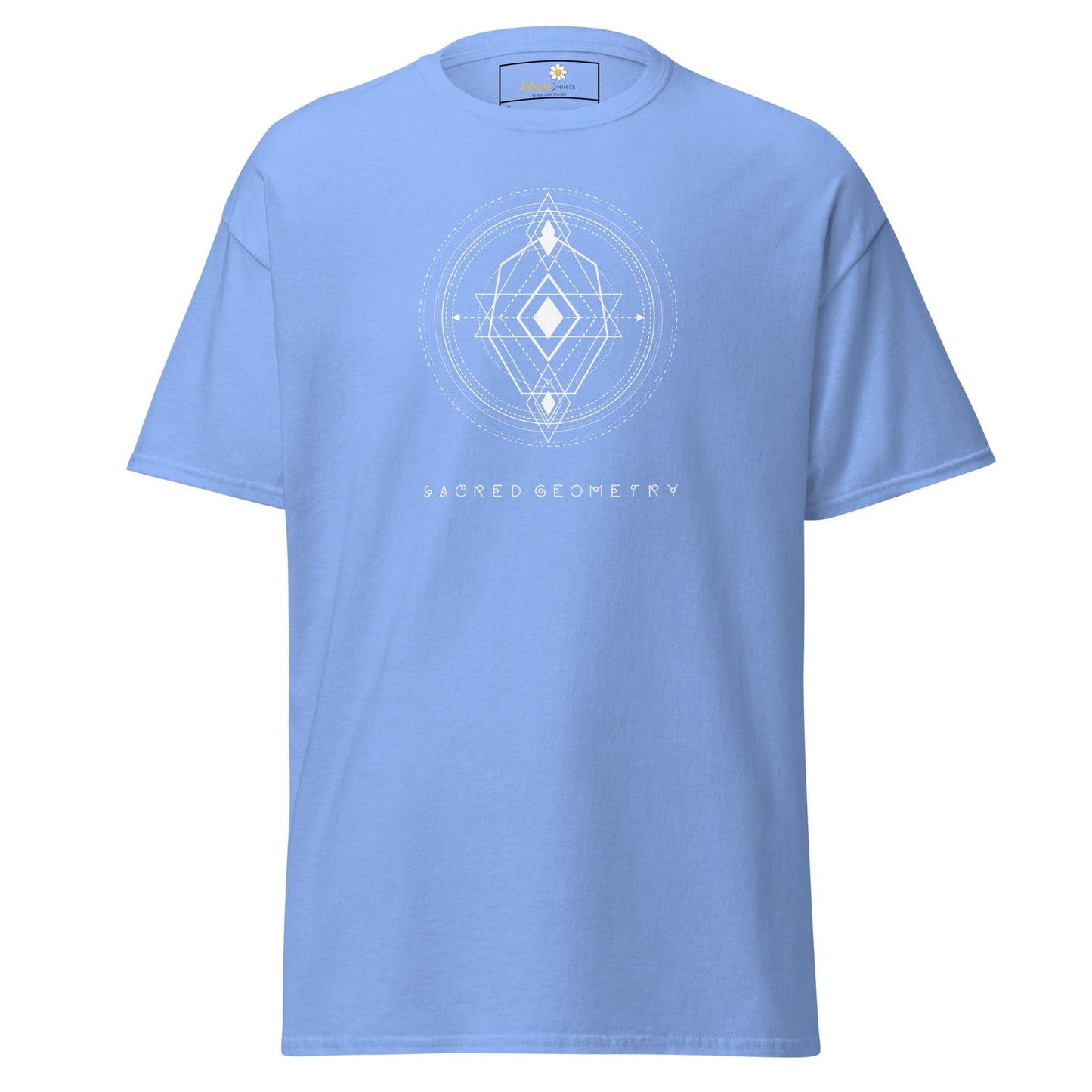 Light blue T-shirt with geometric design for men and women available in multiple sizes