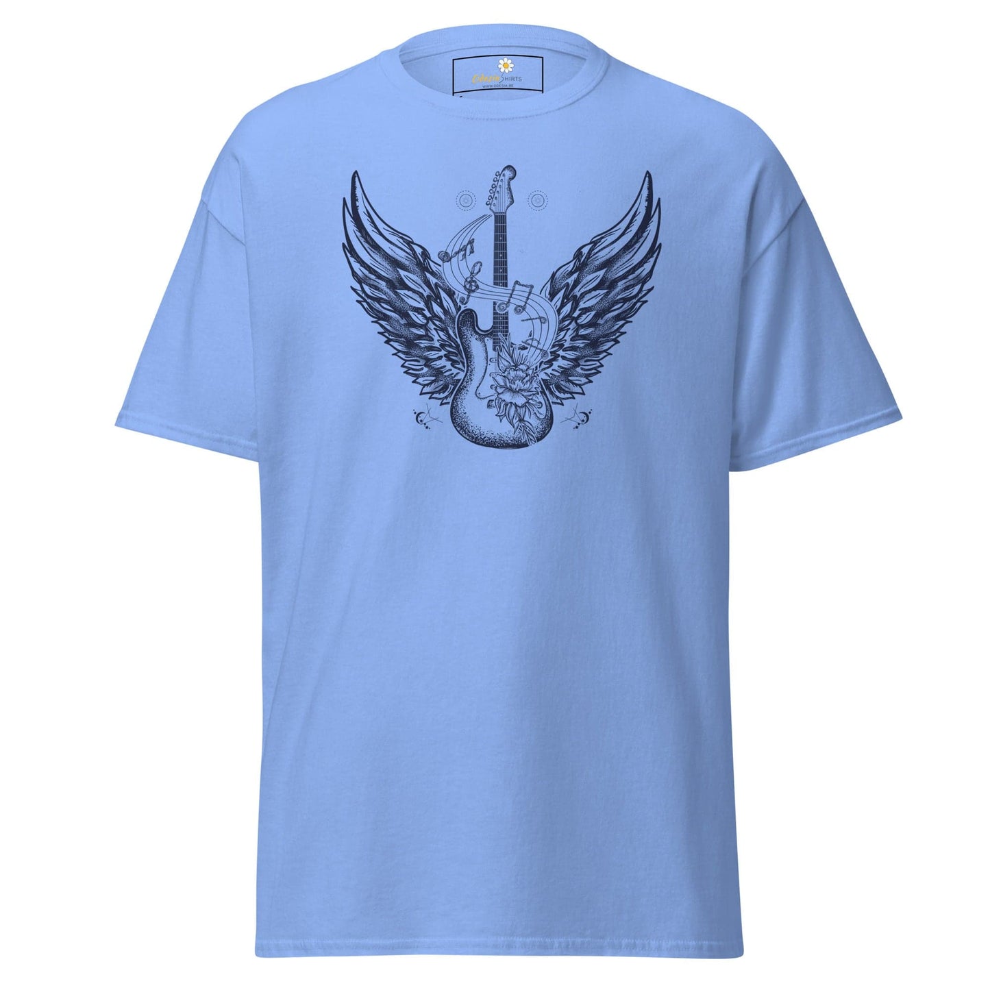 Light blue T-shirt with guitar and wings graphic for men and women in size S to XL