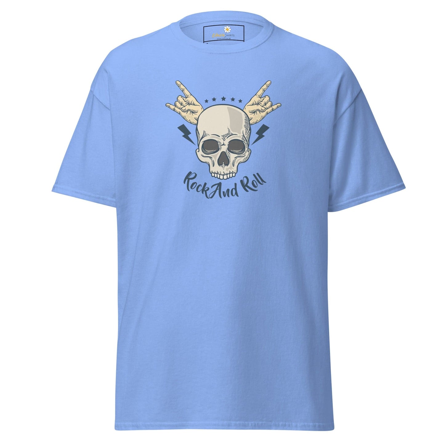 Light blue T-shirt featuring a rock and roll graphic, suitable for men and women sizes S to XL