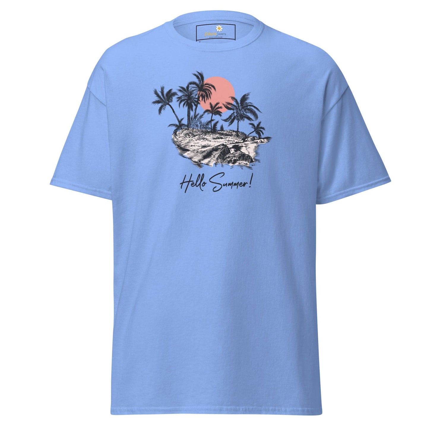 Light blue T-shirt with tropical island graphic, suitable for men and women sizes S to XL