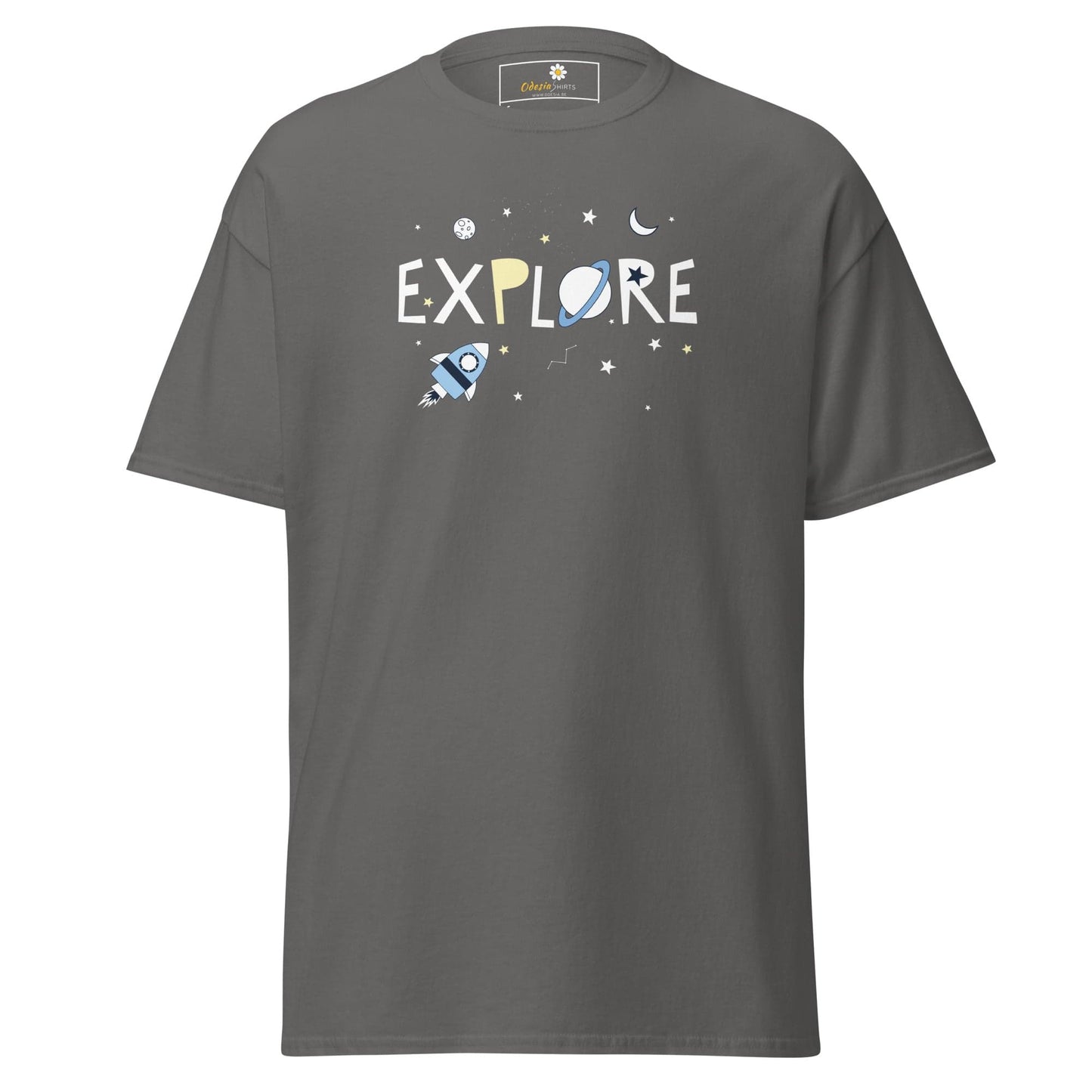 Gray T-shirt featuring a space-themed graphic for men and women in size S to XL