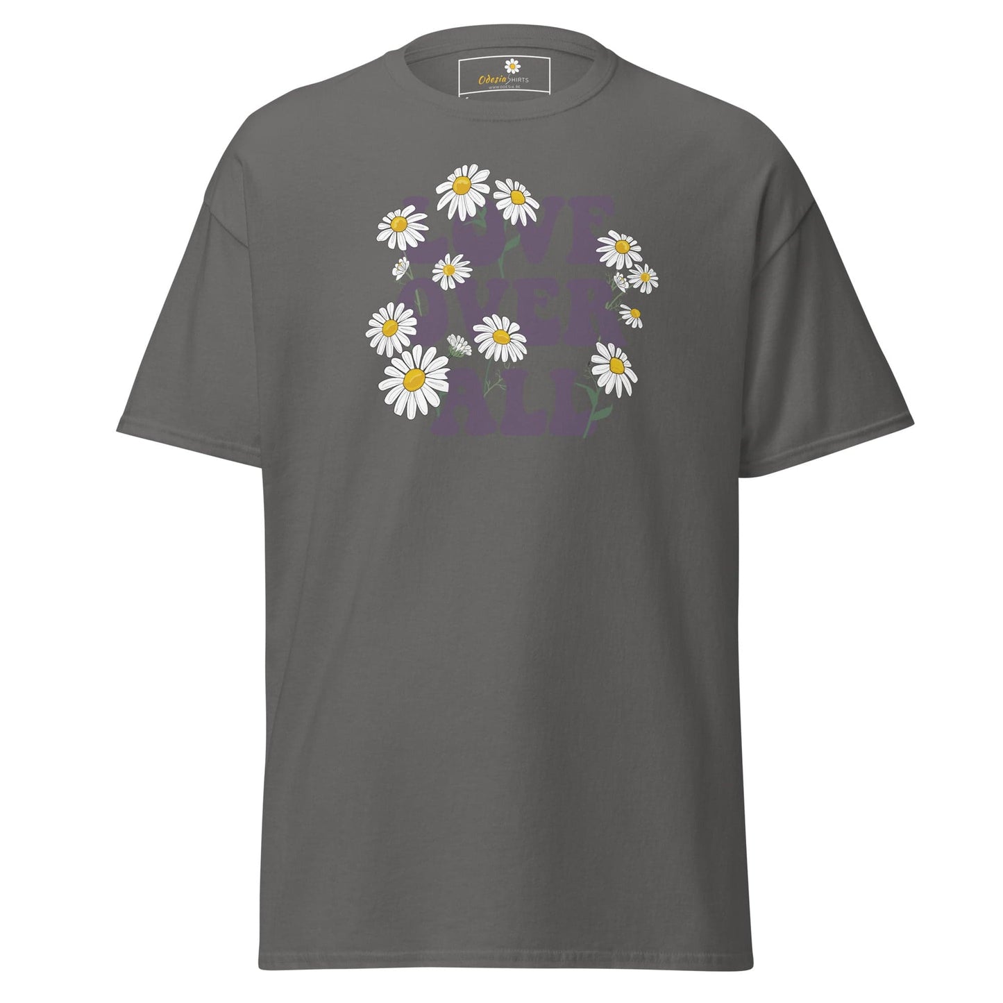 Gray T-shirt with daisy design for men and women, available in sizes S to XL