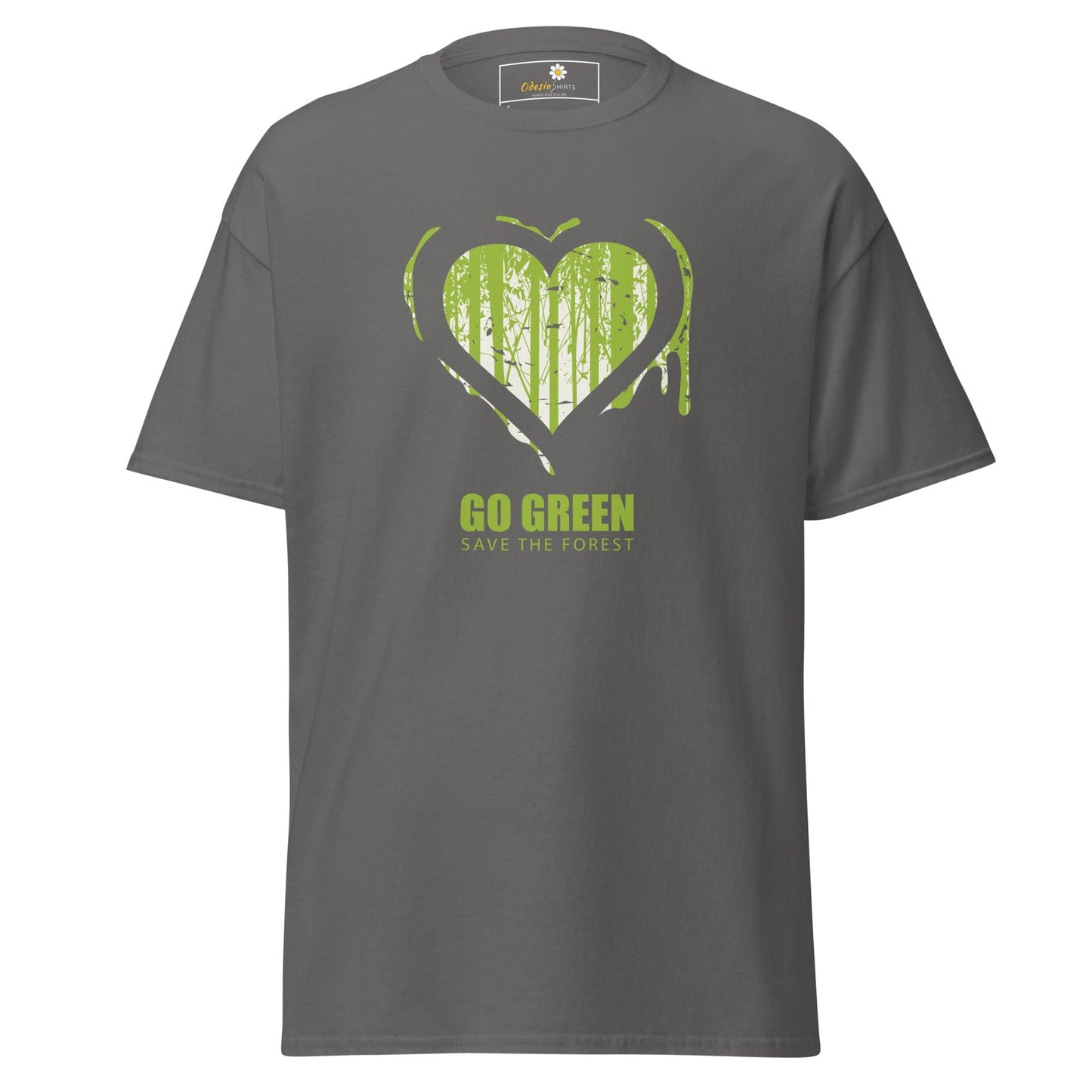 Gray T-shirt with a green forest heart design for men and women, available in sizes S to XL