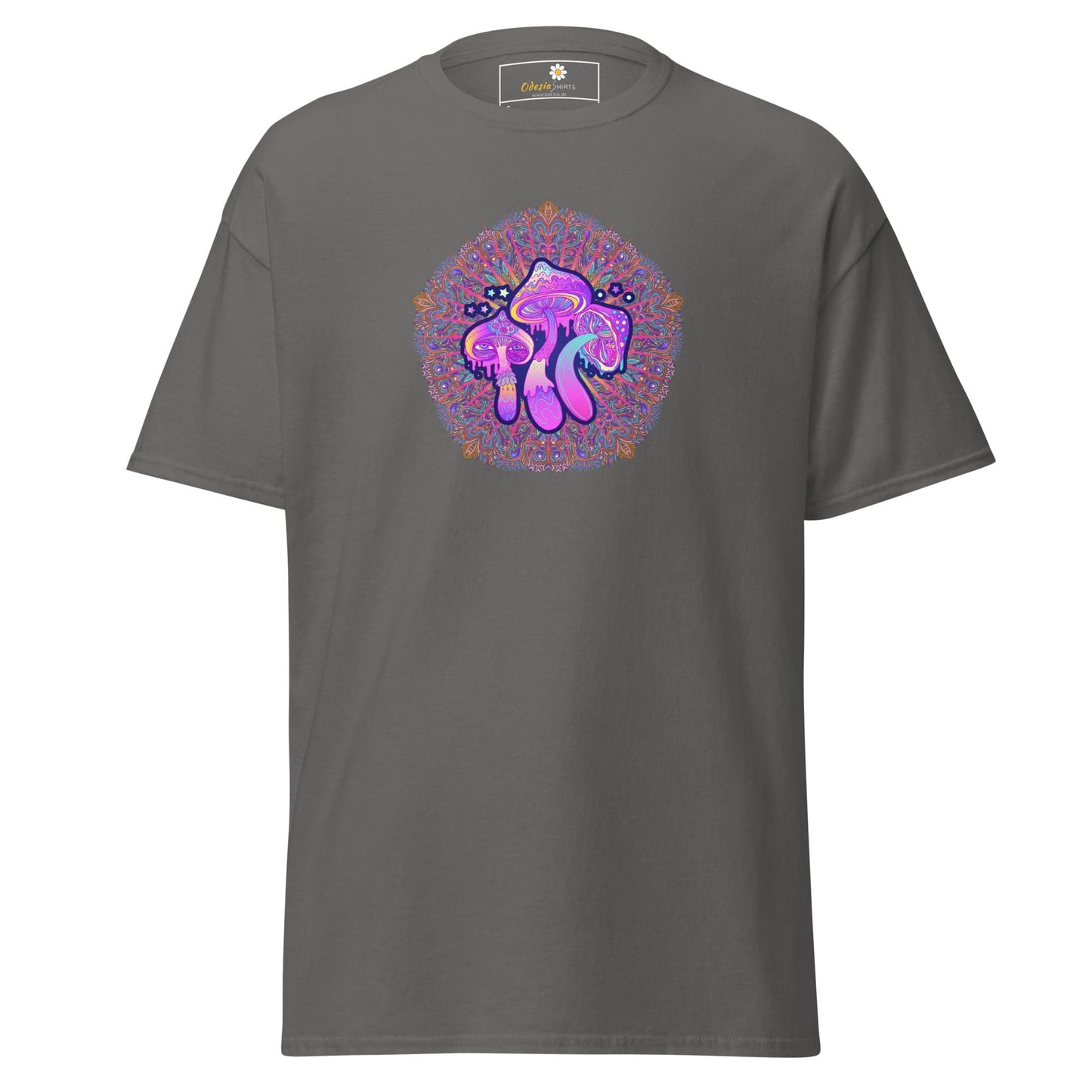 Gray T-shirt with mushroom design displayed on the T-SHIRT DESIGN TEE for Men and Women