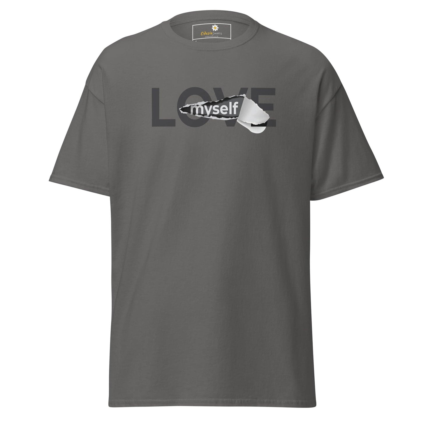 Gray T-shirt with Love Myself graphic from T-Shirt Design Tee for Men and Women