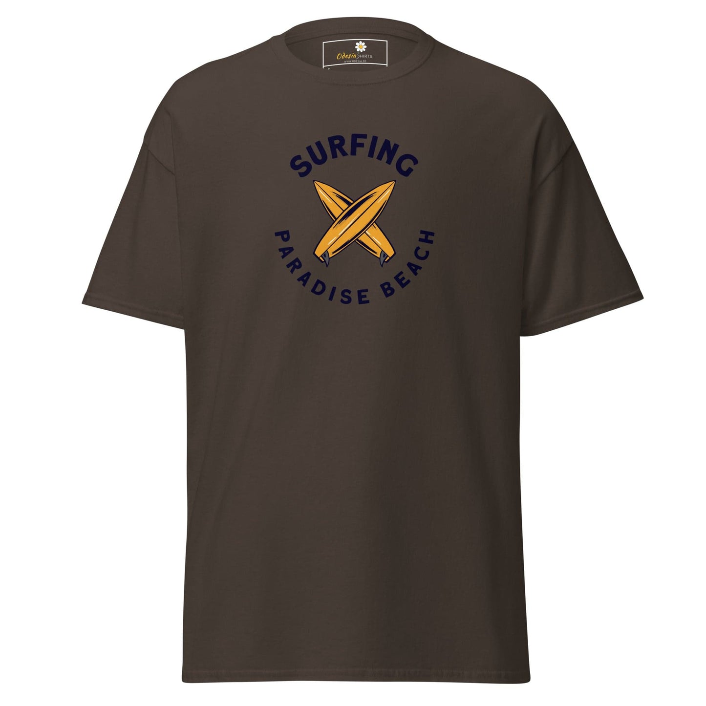 Brown T-shirt with surfing design for men and women in S to XL sizes