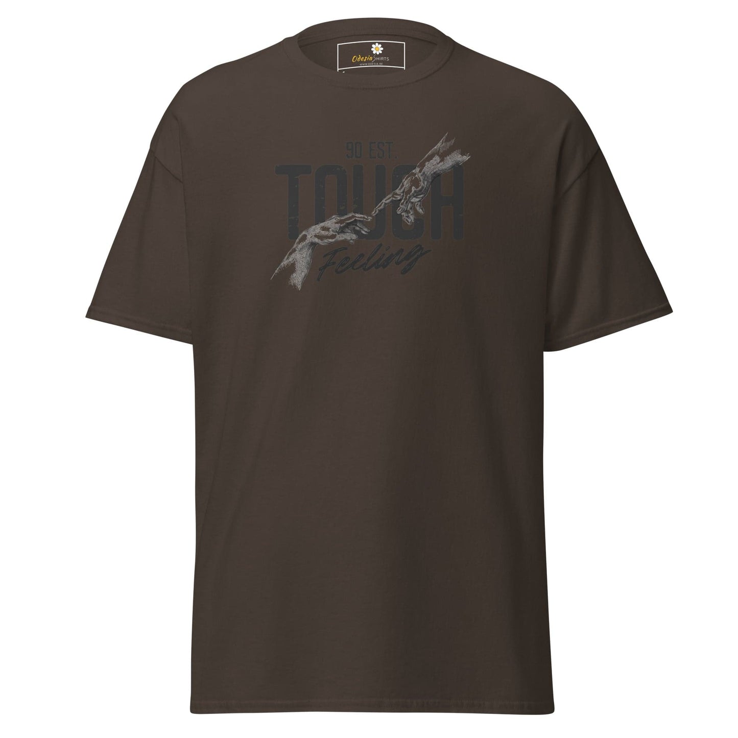 Brown T-shirt featuring a graphic design, suitable for men and women in sizes S to XL