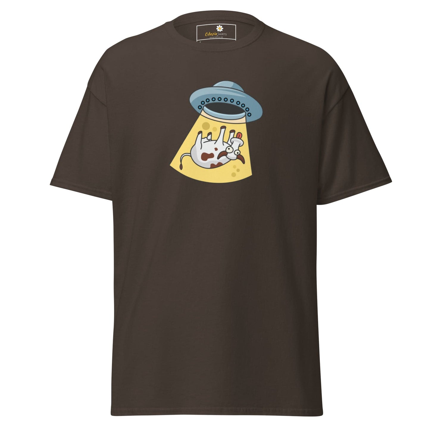 Brown T-shirt with alien abduction graphic for men and women in sizes S to XL