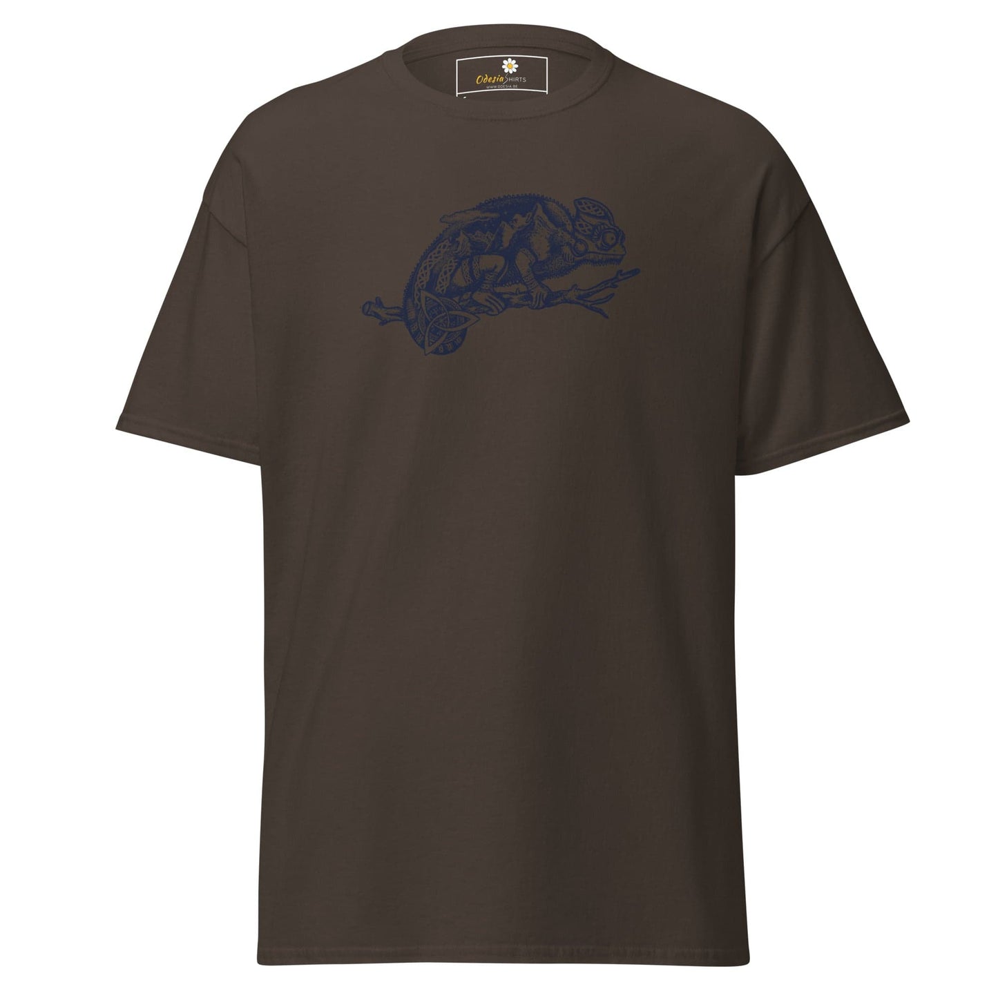 Brown T-shirt featuring a chameleon design for men and women available in sizes S to XL